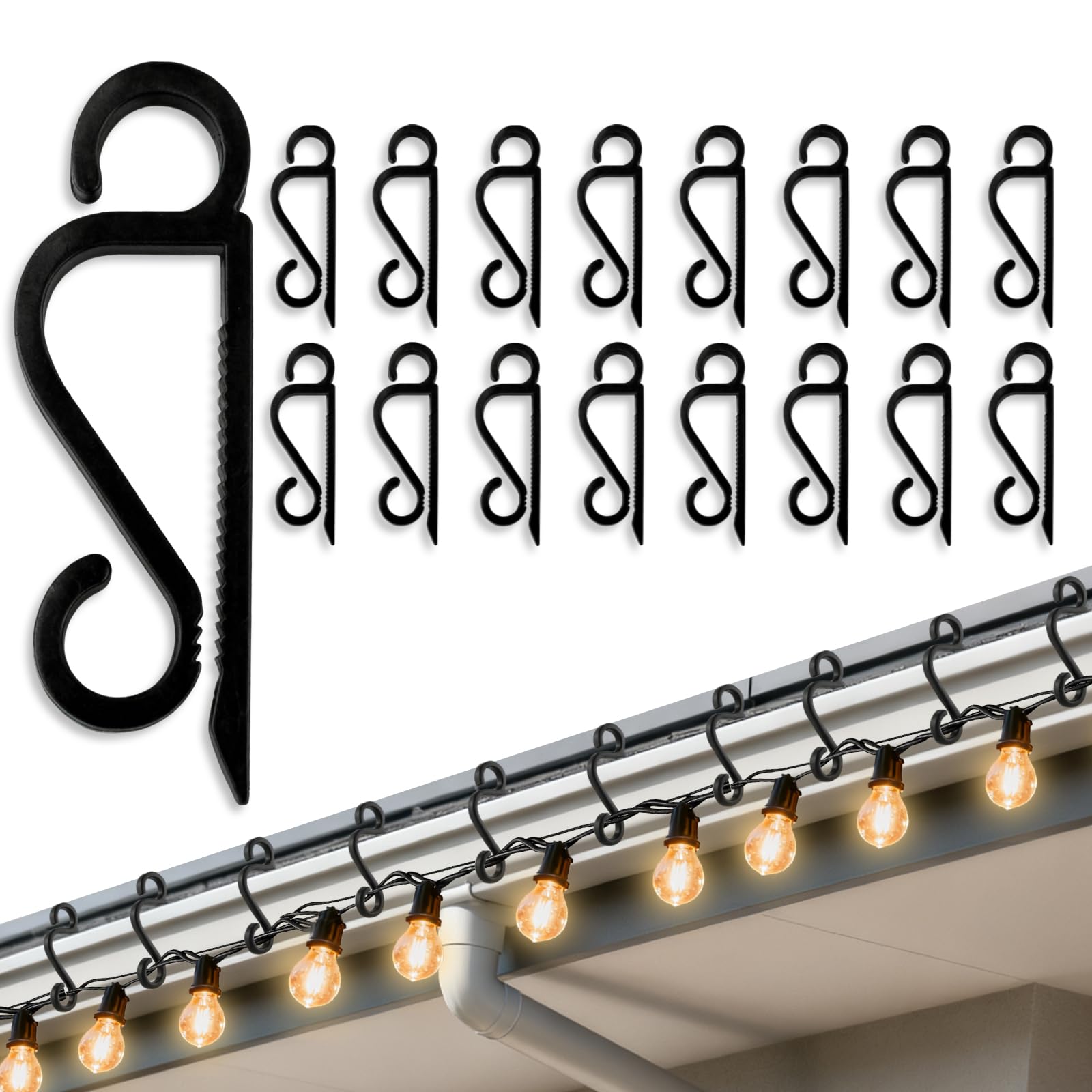 Isisyu Gutter Hooks for Outdoor Lights, 60 Pcs Slip-Resistant Christmas Light Gutter Clips with Reusable, Weatherproof, Plastic, Flexible, Durable for Hanging Xmas Icicle Curtain Fairy Lights