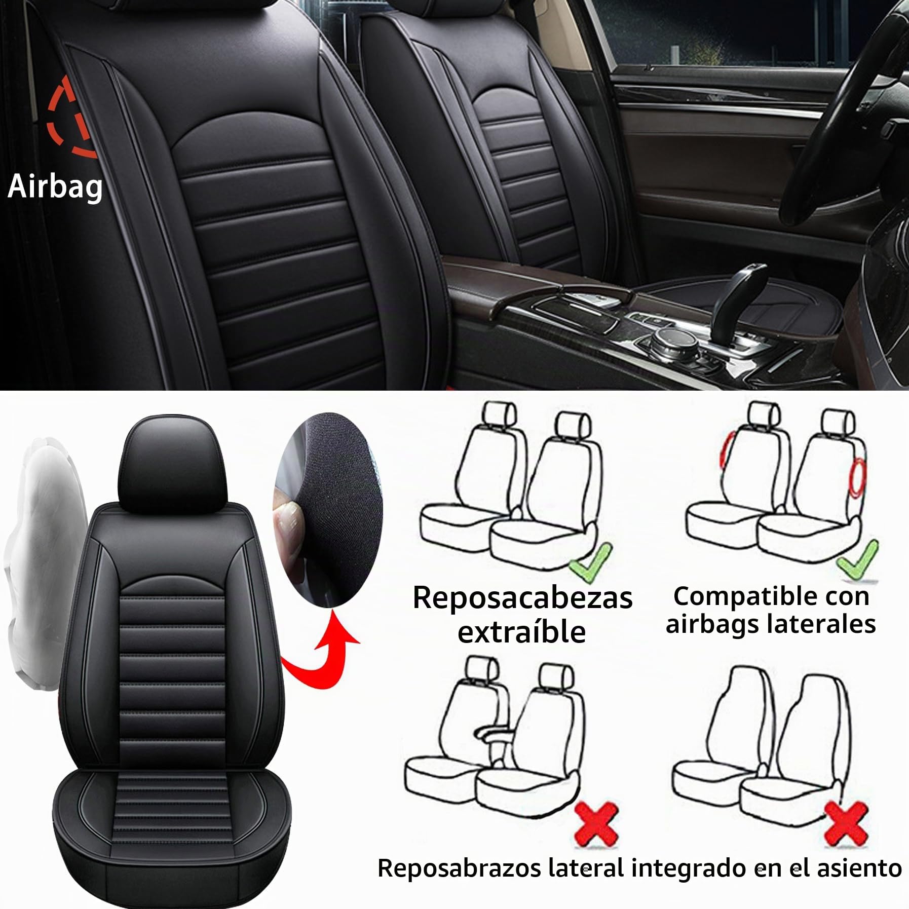 Juego de 2 fundas para asientos delanteros de coche, piel sintética, para VW Amarok Beetle Bora CC Caddy EOS Fox Golf Plus SV Jetta Passat Polo Sharan T-Cross T-Roc Taigo Tiguan Allspace Touran e-Golf