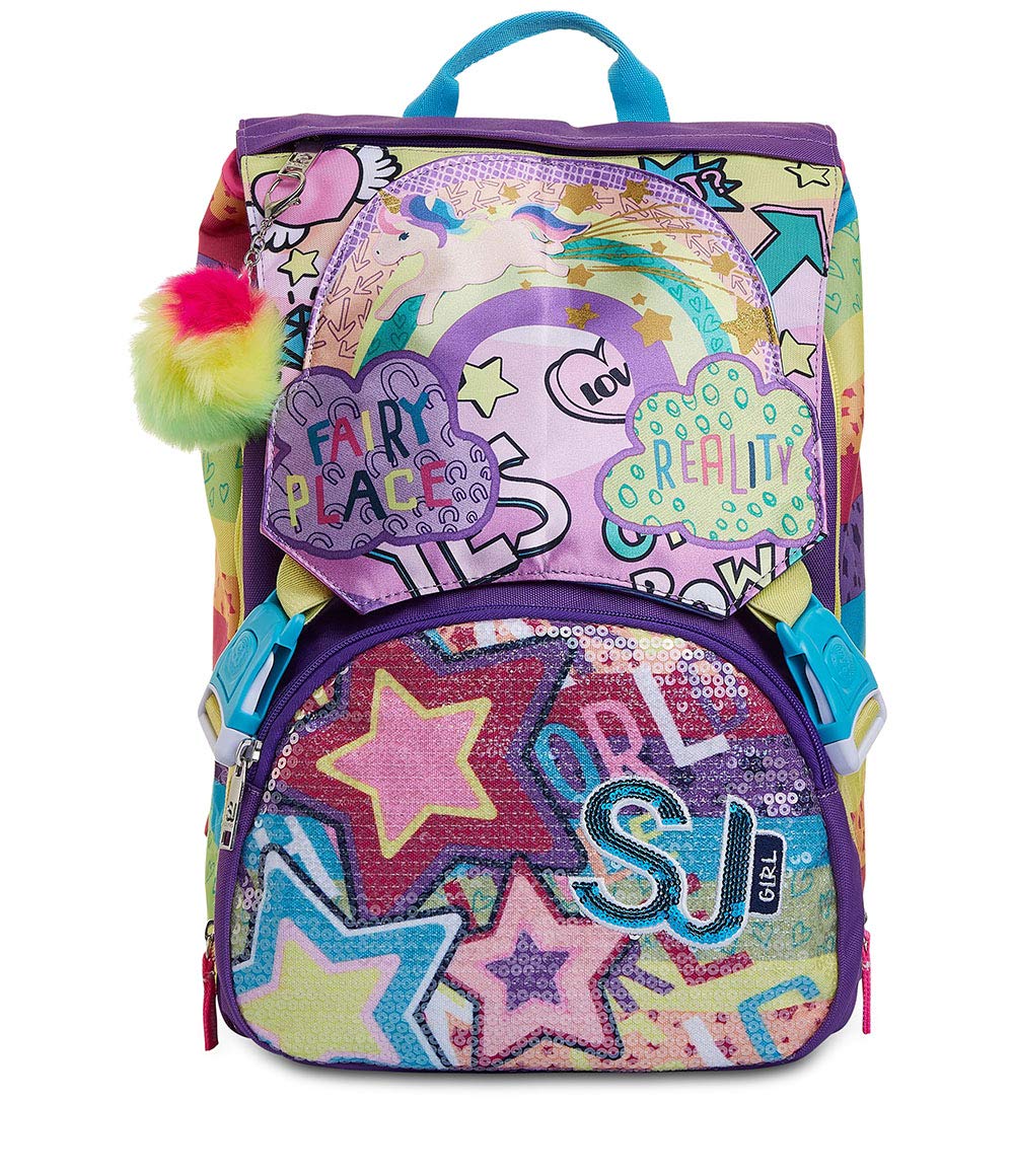 Seven Big Extendable School Backpack - Sj Gang - Mulitreicolor Girl - Elementary School with Flip System - Reversible Sequins