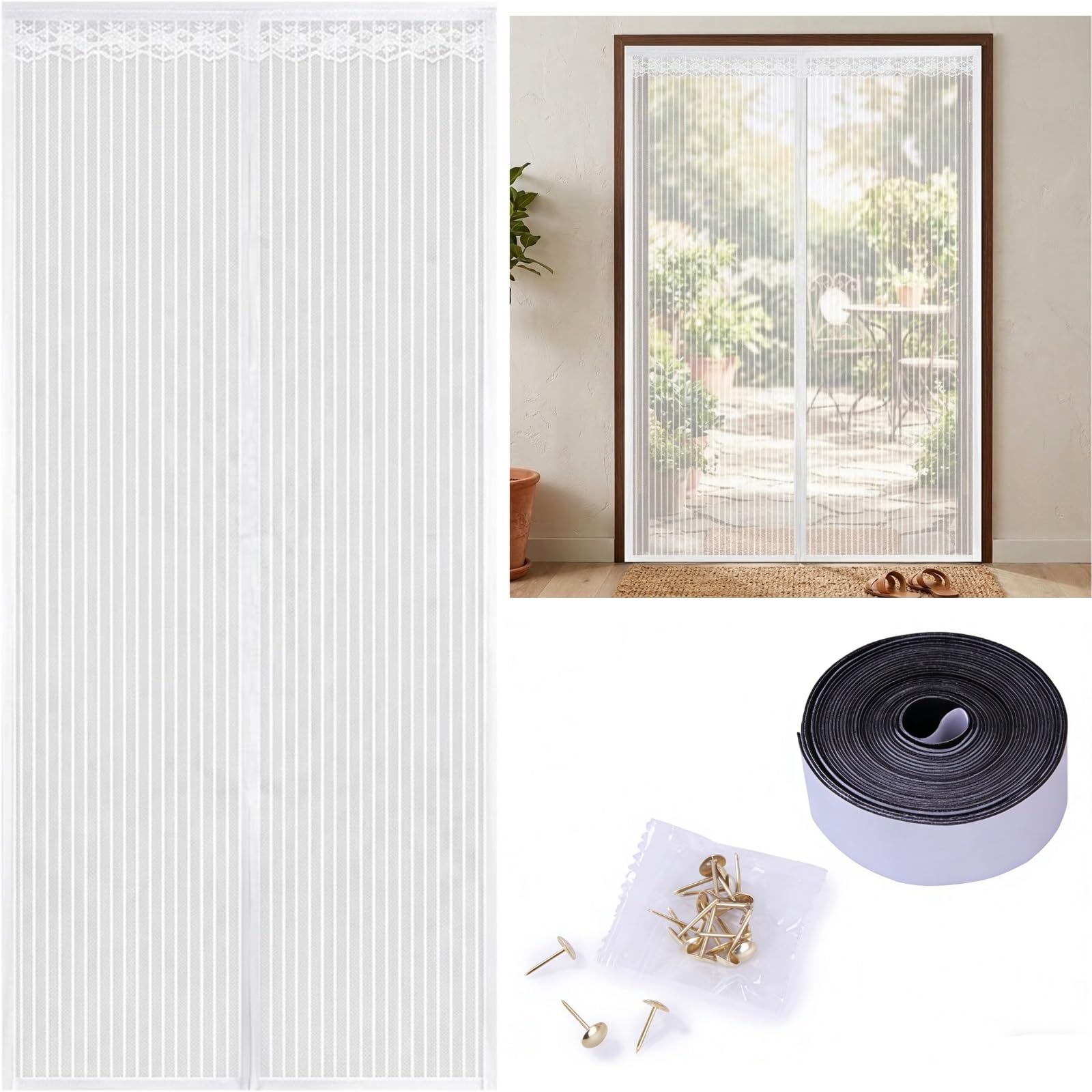 Magnetic Fly Screen Door - Heavy Duty Fiberglass Mesh Curtain with Powerful Magnets & Full Frame Hook and Loop Fastener - Hands-Free Pet & Kid Friendly Mosquito Net(White,37x83in(95x210cm))