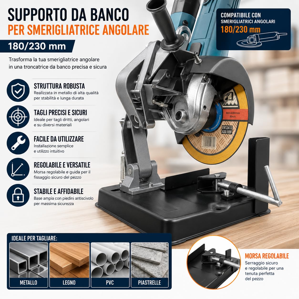Soporte de banco para amoladora angular 180/230 Tronzadora Soporte para amoladora angular de 180-230 mm tronzadora madera hierro ajustable