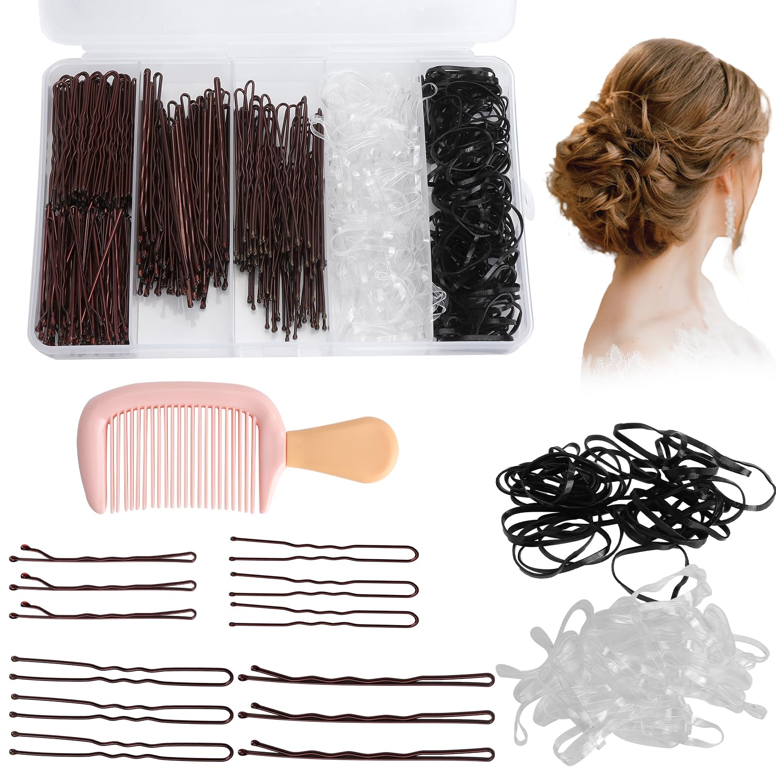 LOLANIUT 500 Stück Haarnadeln Set mit Bobby Pins, Hochsteckfrisuren Zubehör mit French U-Haarklammern, Haargummis und Kamm in Aufbewahrungsbox, Unsichtbare Braun Haarklammern Klein und Groß