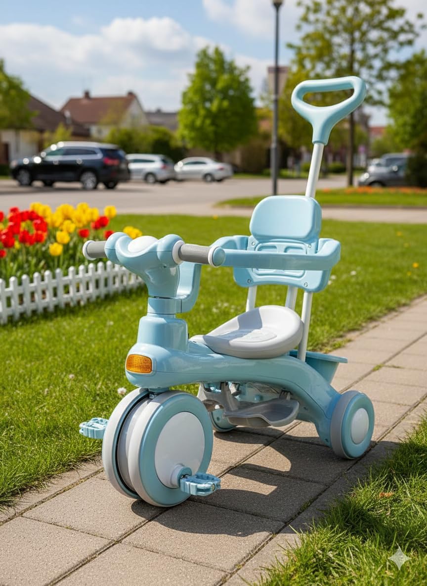 Kids Tricycle with Push Handle, Blue, Adjustable, with Seat and Backrest