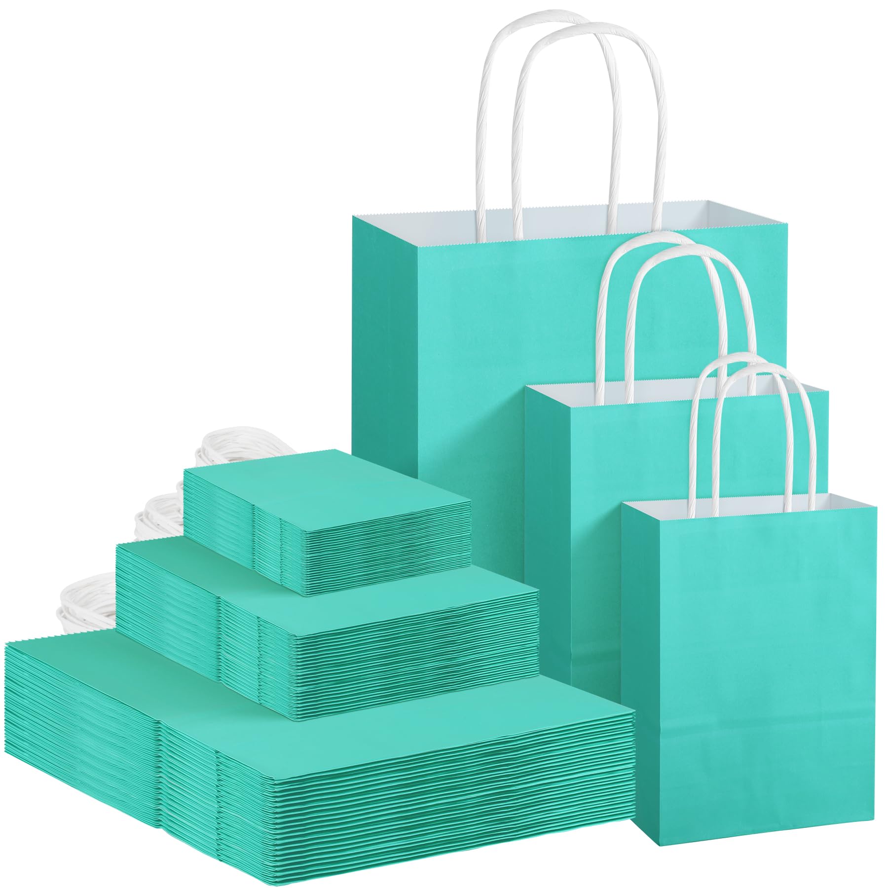 MIMIND 144 Pieces Teal Blue Gift Bags with Handles Assorted Sizes Mint Turquoise Paper Bags Bulk Teal Party Supplies Baby Shower Birthday Wedding