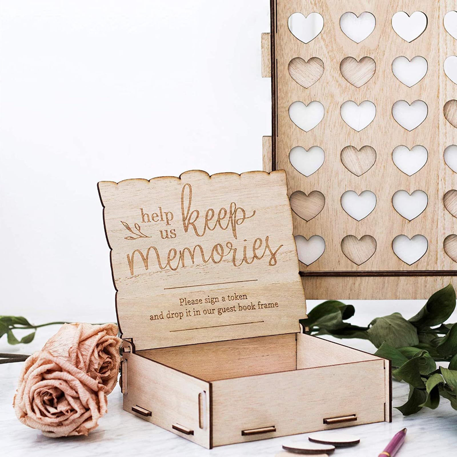 Hochzeits Gästebuch, Personalisiertes Holz Vintage Bilderrahmen Doppelherz 60 Holzherzen zum Beschriften Name Datum, Für Geburtstage Babyshower Taufe Hochzeitsdekoration (Wooden Heart)