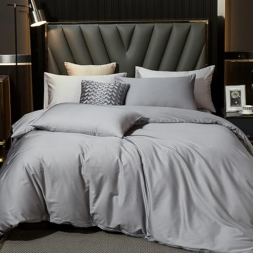 Miniatura 4 de MooMee Juego de funda de edredón de algodón de fibra extralarga, 600 hilos, textura de algodón egipcio, satén sedoso, suave, cómodo, duradero (gris
