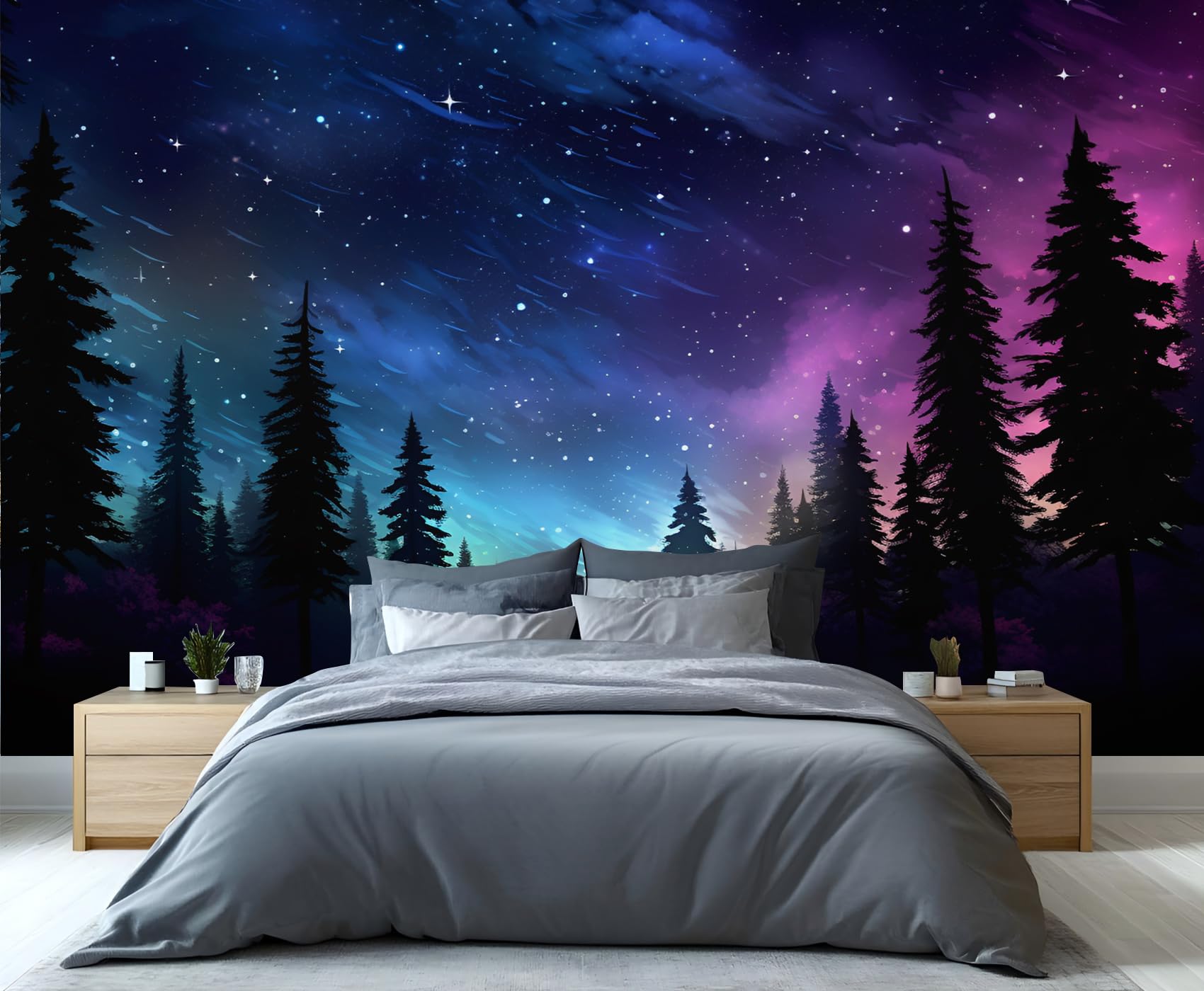YXQAIED Colorful Starry Sky Wallpaper, Aurora Forest Wallpapers for Living Room Natural Landscape Poster Wall Painting for Office Bedroom Children's Room Corridor, 366x254cm