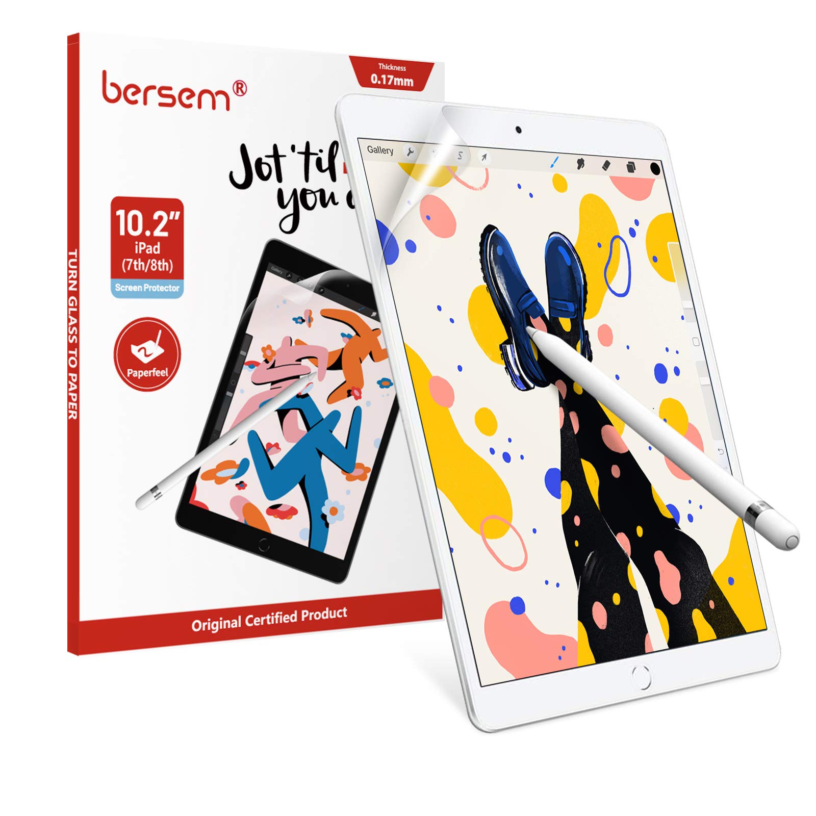 BERSEMPaperfeel Screen Protector compatible with iPad (10.2-Inch, 2021/2020/2019 Model, 9th / 8th / 7th Generation), Paperfeel Film