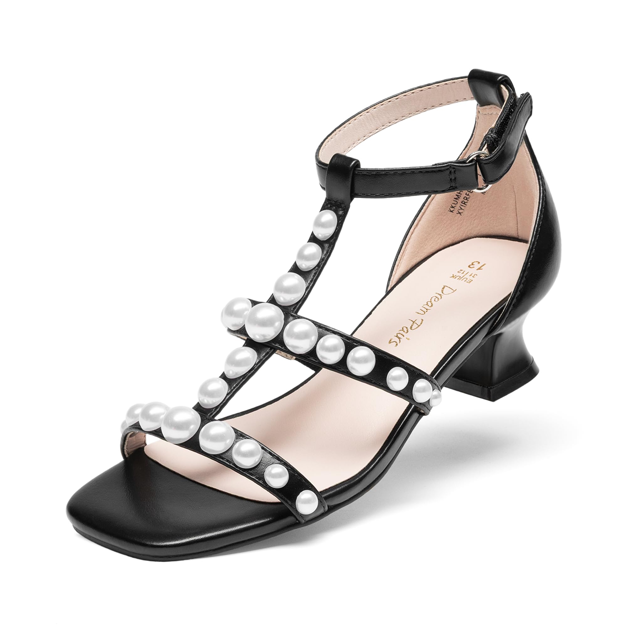DREAM PAIRS Girls Sandals Ankle Strap T-Strap Low Heel Pearl Flower Pump Dress Wedding Party Square Toe Shoes for Little Kid/Big Kid