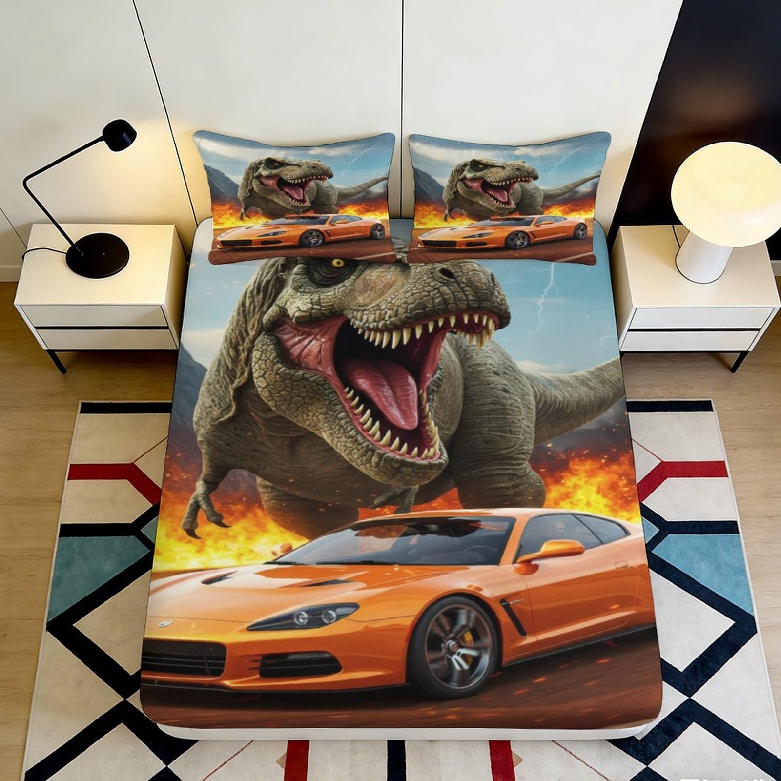 C8q5l1t3 Style-9 3D Printed Dinosaur Racing Fitted Sheet Microfiber Deep Pocket Non-Slip For Bedroom Bedding Dinosaur Car Mattress Fitted Cover Washable Protection 180X200x25cm
