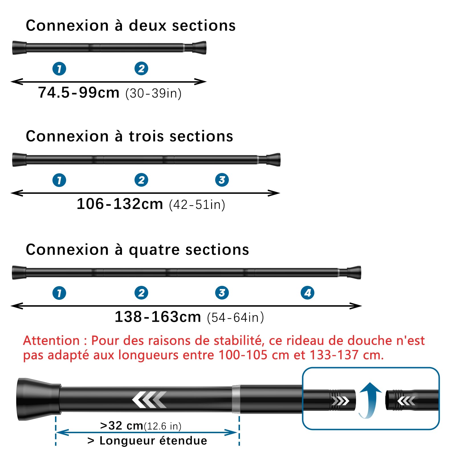 AIZESI tringle rideau sans percage 74.5-163 cm Tringle Rideau Extensible - Barre Telescopique Acier Inoxydable Noir pour Salle de Bain, Fenêtre, Porte, Penderie (diamètre 22 mm)