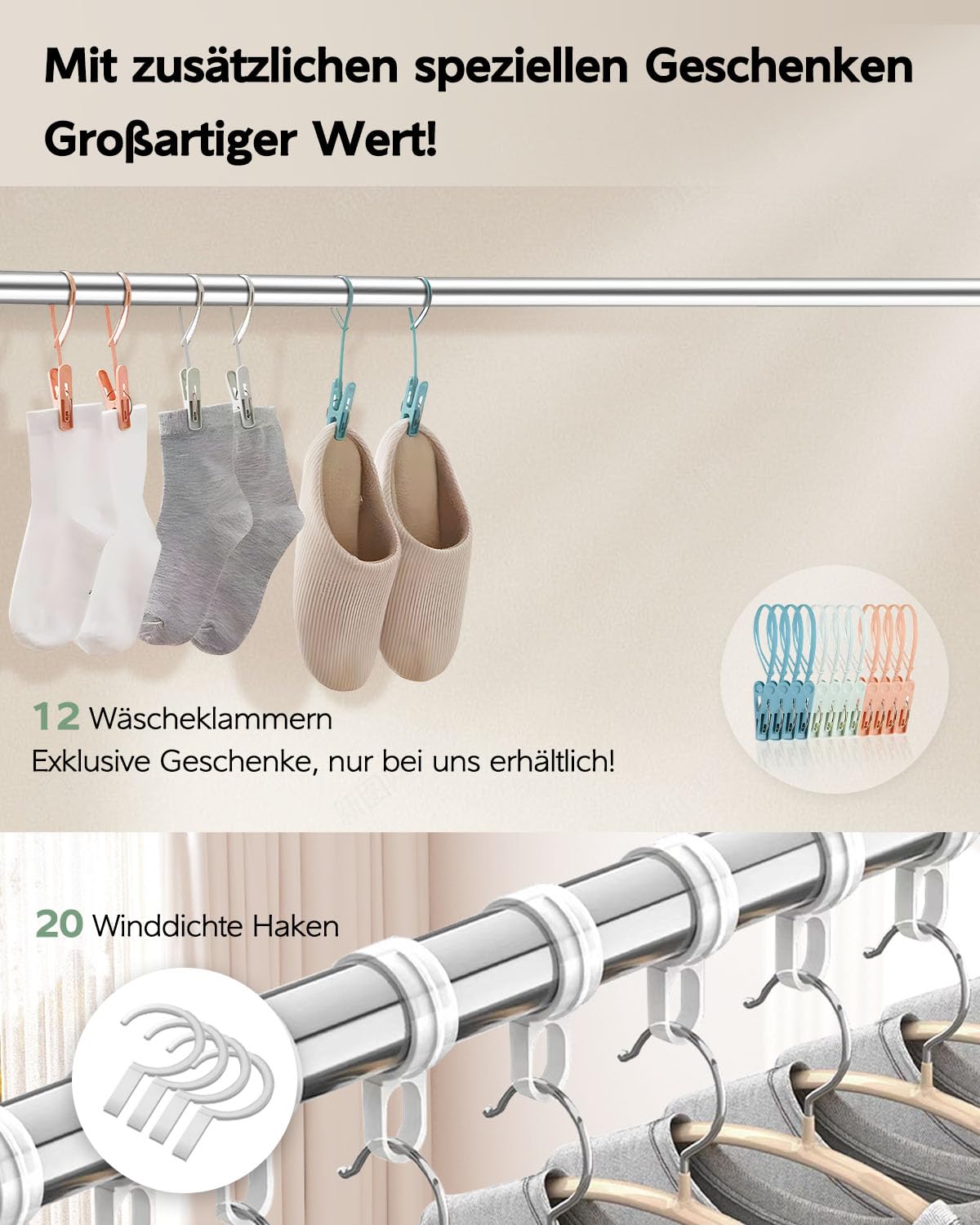 Vikaqi Wäscheständer 200 cm zusammenklappbar Indoor Outdoor Wäscheständer Kleidung Faltbar Wäscheständer Heavy Duty Edelstahl Wäscheleine Kleiderständer 20 Haken 12 Clips