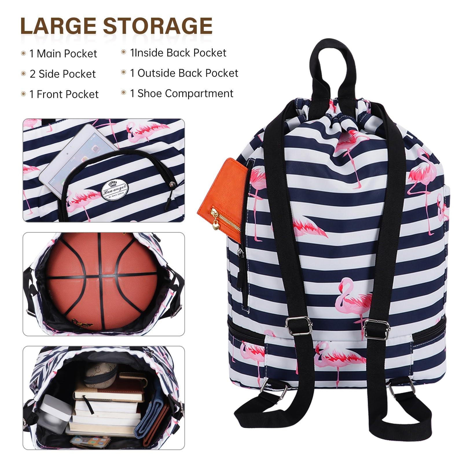 HUA ANGEL Sac à Dos avec Cordon Femme Ultra Léger Sacs a Dos de Sport Homme Avec Compartiment Chaussures pour Voyage Weekend Gym Basket Football Pickleball Piscine Plage - 3