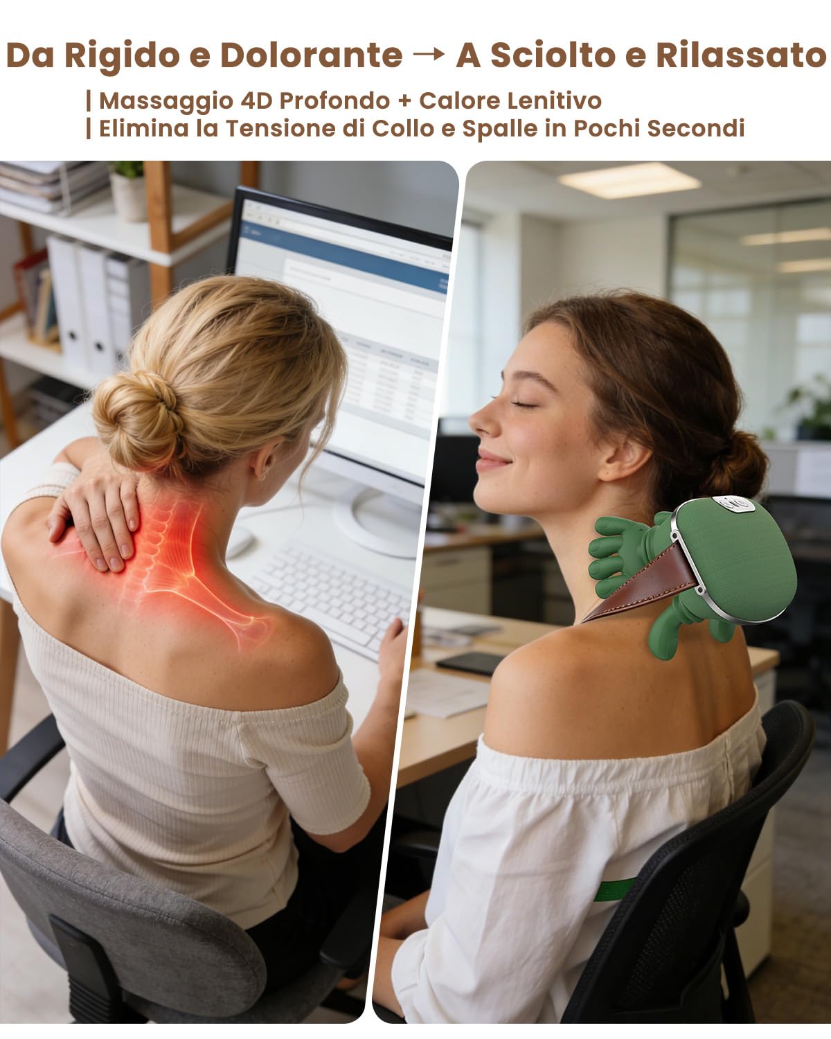 Massaggiatore Cervicale, 4D Shiatsu Bionica Massaggiatore Schiena e Collo, Batteria 4000mAh ad Alta Capacità, 3 Livelli di Intensità, 2 Zone Calore, Massaggiatore Collo Profondo per Alleviare il Dolor