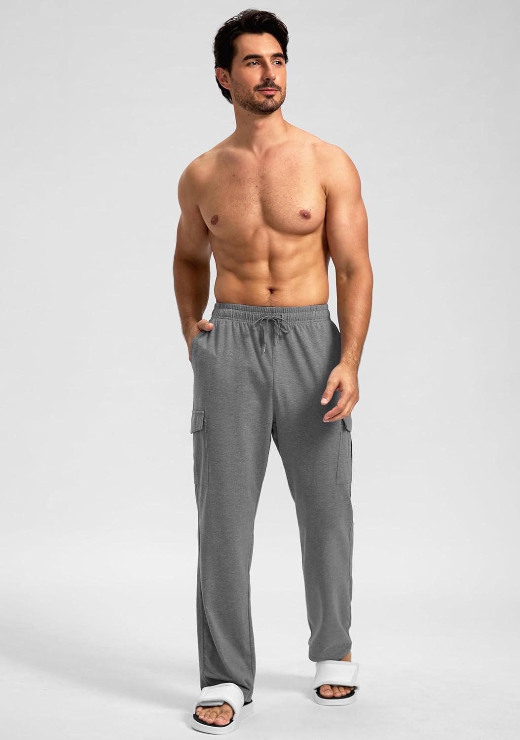 Pudolla Men's Cotton Sweatpants with Cargo Pockets Open Bottom Yoga Pants for Men Lounge Pants for Athletic Workout Casual - Image 3