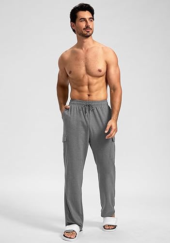 Miniatura 6 de Pudolla Pantalones deportivos de algodón para hombre con bolsillos tipo cargo, parte inferior abierta, pantalones de yoga para hombre, pantalones de