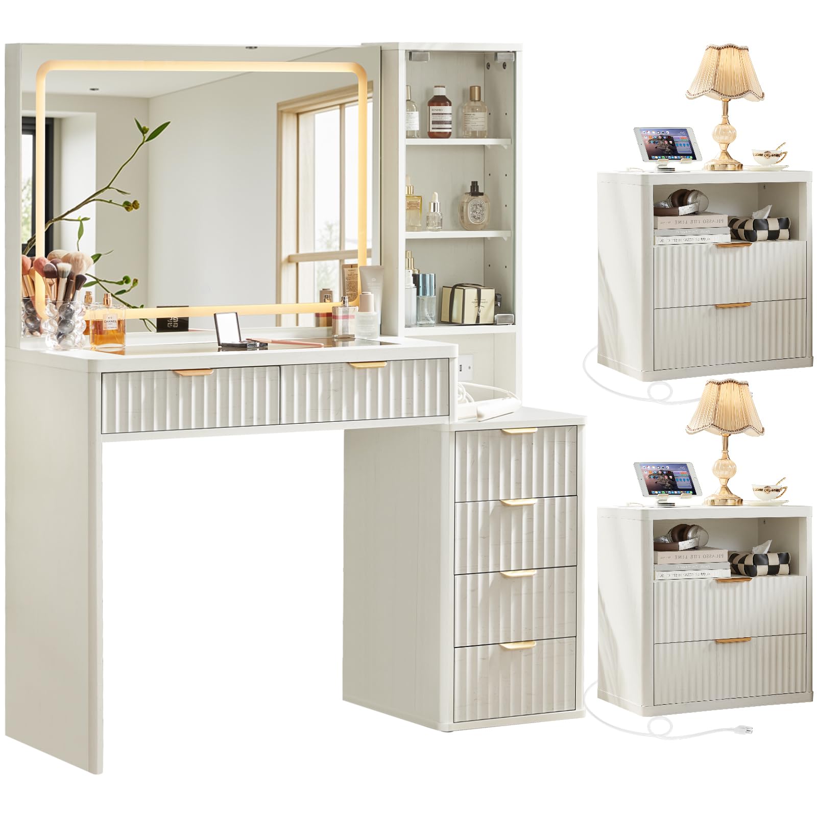 LEYAOYAO Vanity Mirror with Lights and Night Stand Sets, 43.5" Fluted Makeup Vanity with 6 Drawers and Power Outlet, 2 Drawers 23" End Side Table,