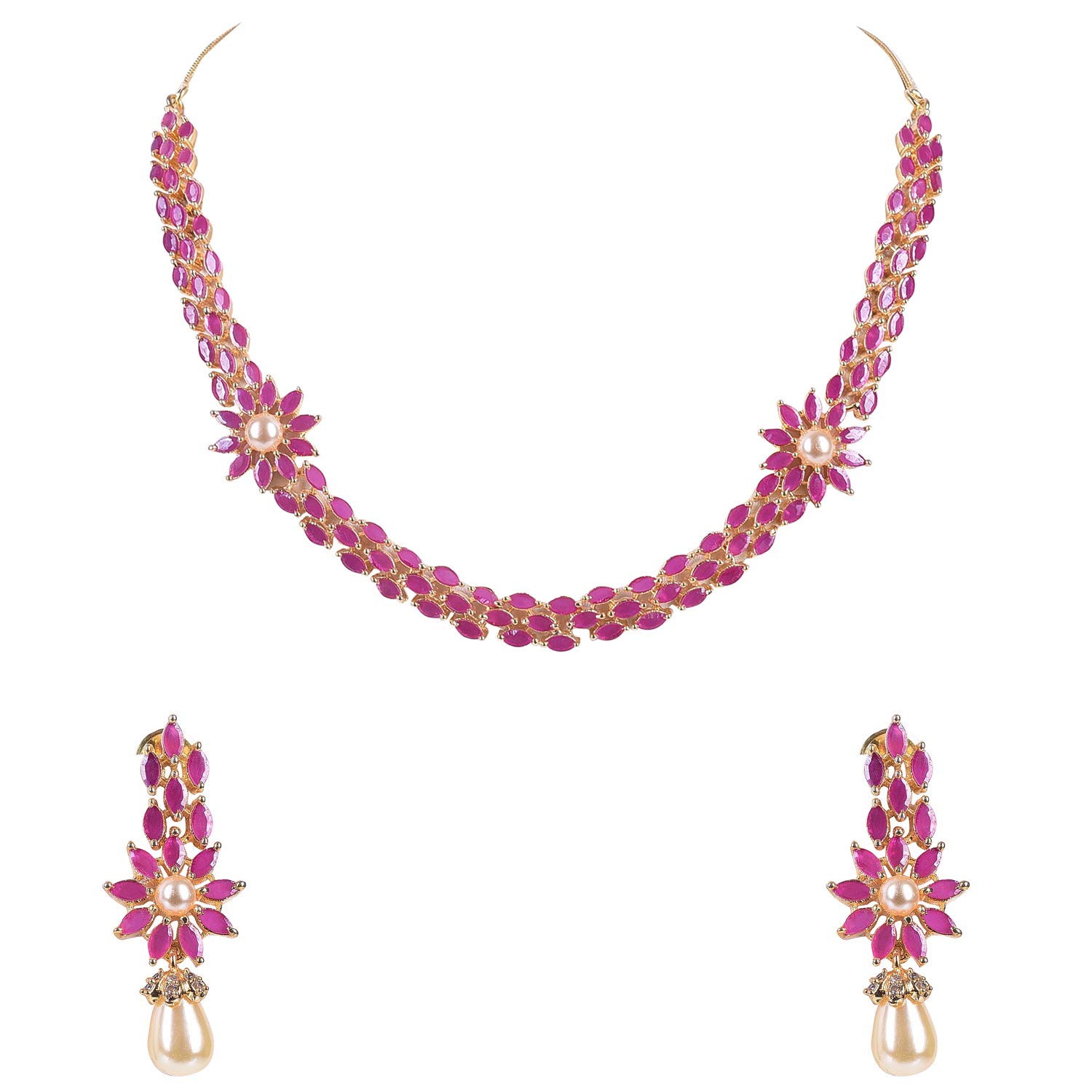 American Diamond Traditional Fashion Jewellery Red Ruby Pearl Necklace Pendant Set with Earring for Women/Girls RV3017R-image-43