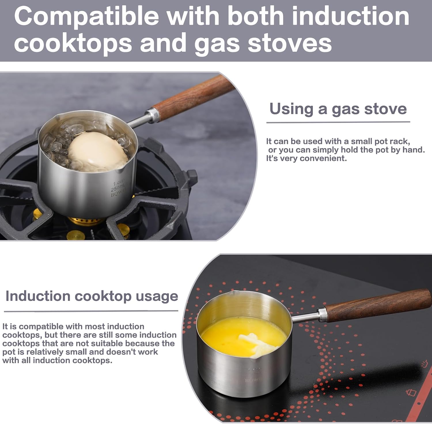 stainless steel mini pot - butter warmer, 8.5fl oz (250ml) coffee/milk warmer, mini sauce pan for coffee, ideal for seafood butter warmers,melting pot With dual spouts and wooden handle