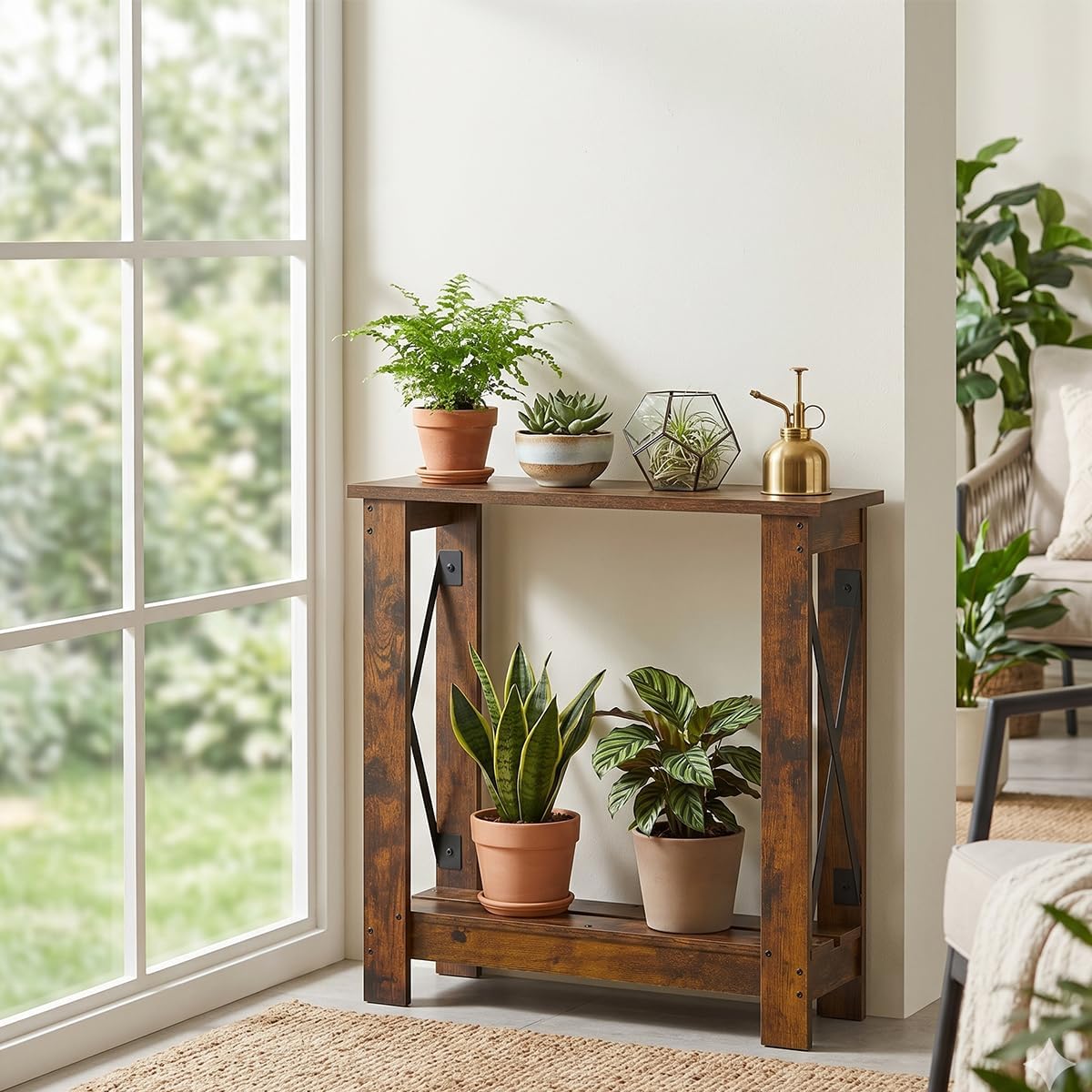 Slim Side Table, 6.6 Inch Ultra Narrow End Table, Rustic Brown | 2 Tier Storage, X-Frame, Small Accent Table for Small Spaces, Gap Solution for Couch, Sofa and Living Room