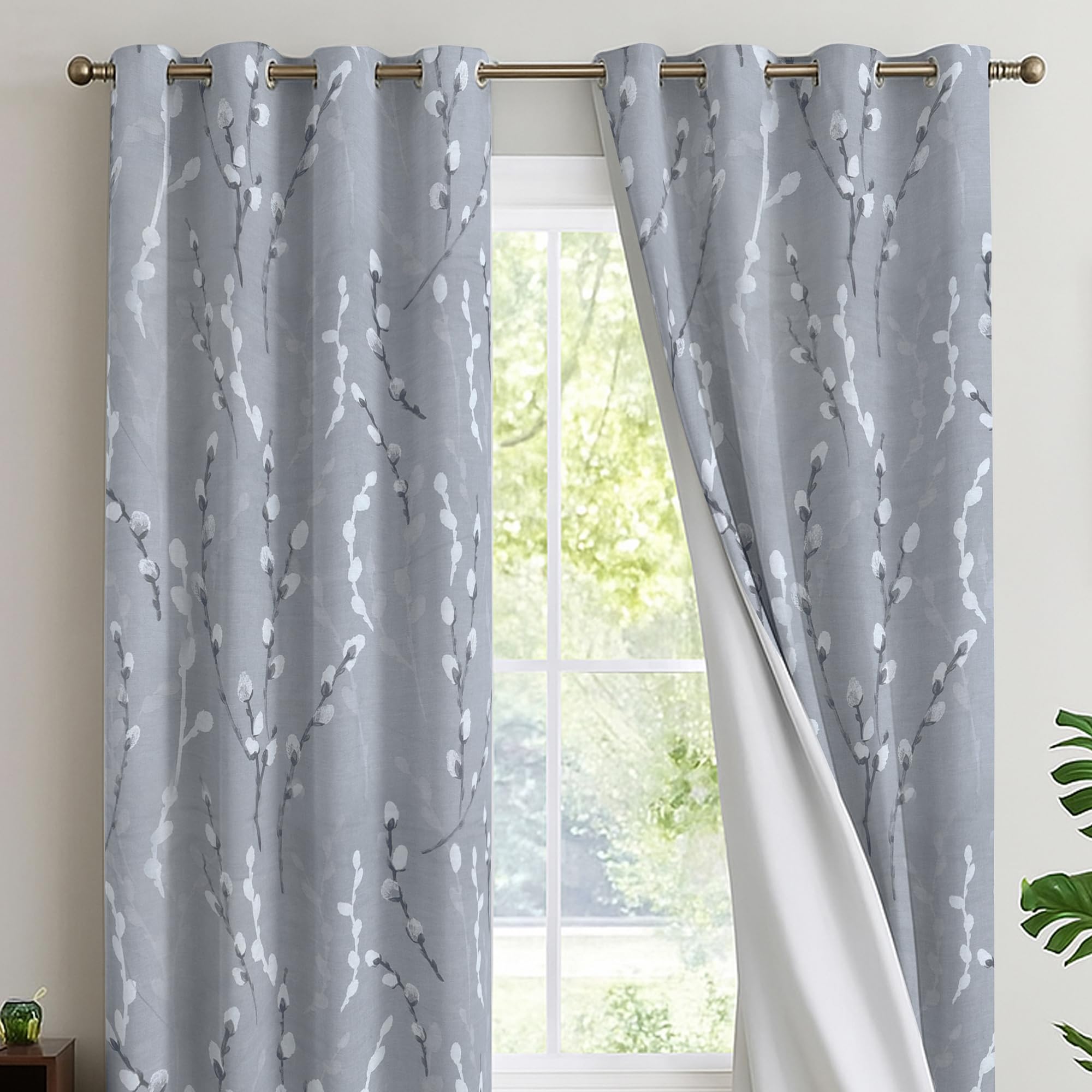 Reliancebedding 100% Blackout Curtains 54 Inch Drop – Elegant Printed Thermal Insulated Window Curtains for Bedroom & Living Room, W46 x L54 Inch, Silver Mist, 2 Panels