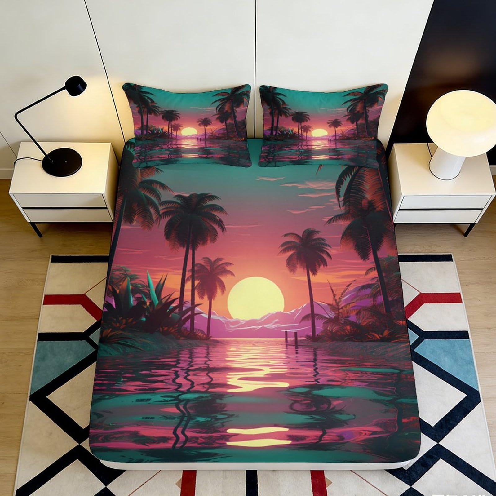 3D Printed Sunset Palm Beach Fitted Sheet Microfiber Tropical Night Mattress Cover for Bedroom Home Decor 90x200x25cm