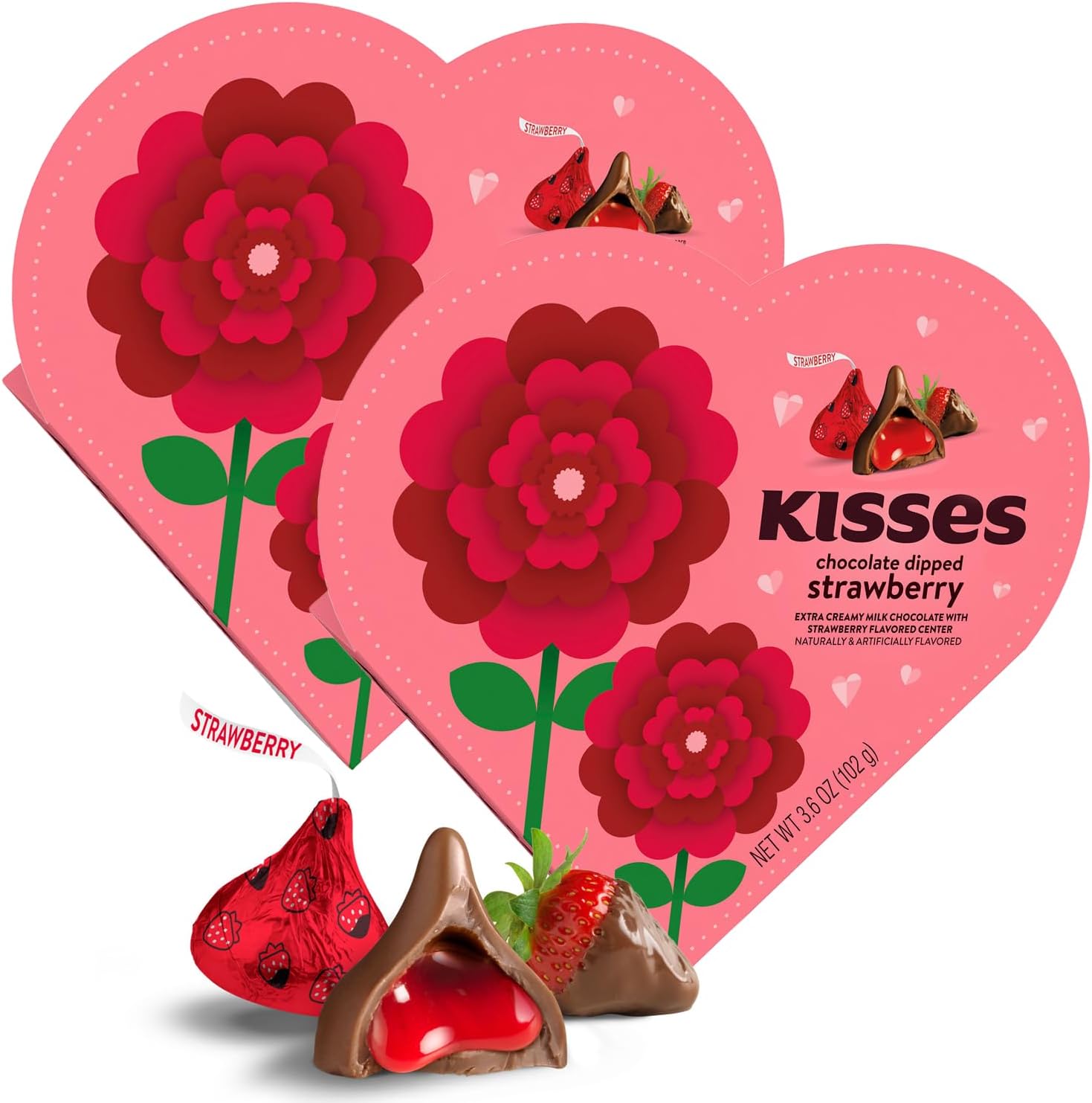 Taboom Hershey Strawberry Kisses Heart Gift Box - Pack of 2 Milk Chocolate Candy with Chocolate Topping, Valentine's Day Gift for Her, Teachers and Lovers