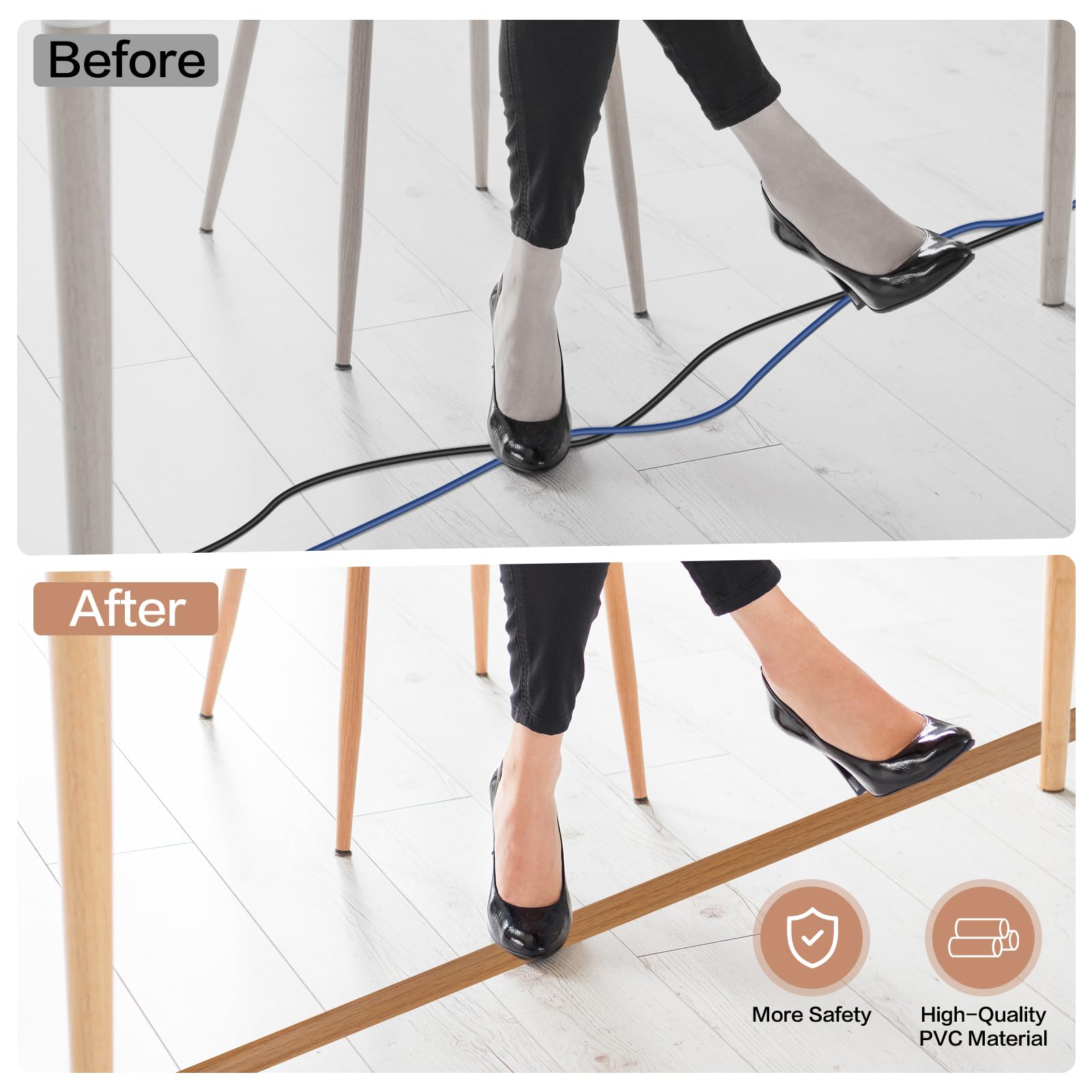 Cubierta de cable de suelo autoadhesiva, cubierta de cable de extensión de suelo para el suelo, protector de cables de alimentación para evitar viajes de cables, cavidad de cable de 0.5 pulgadas de