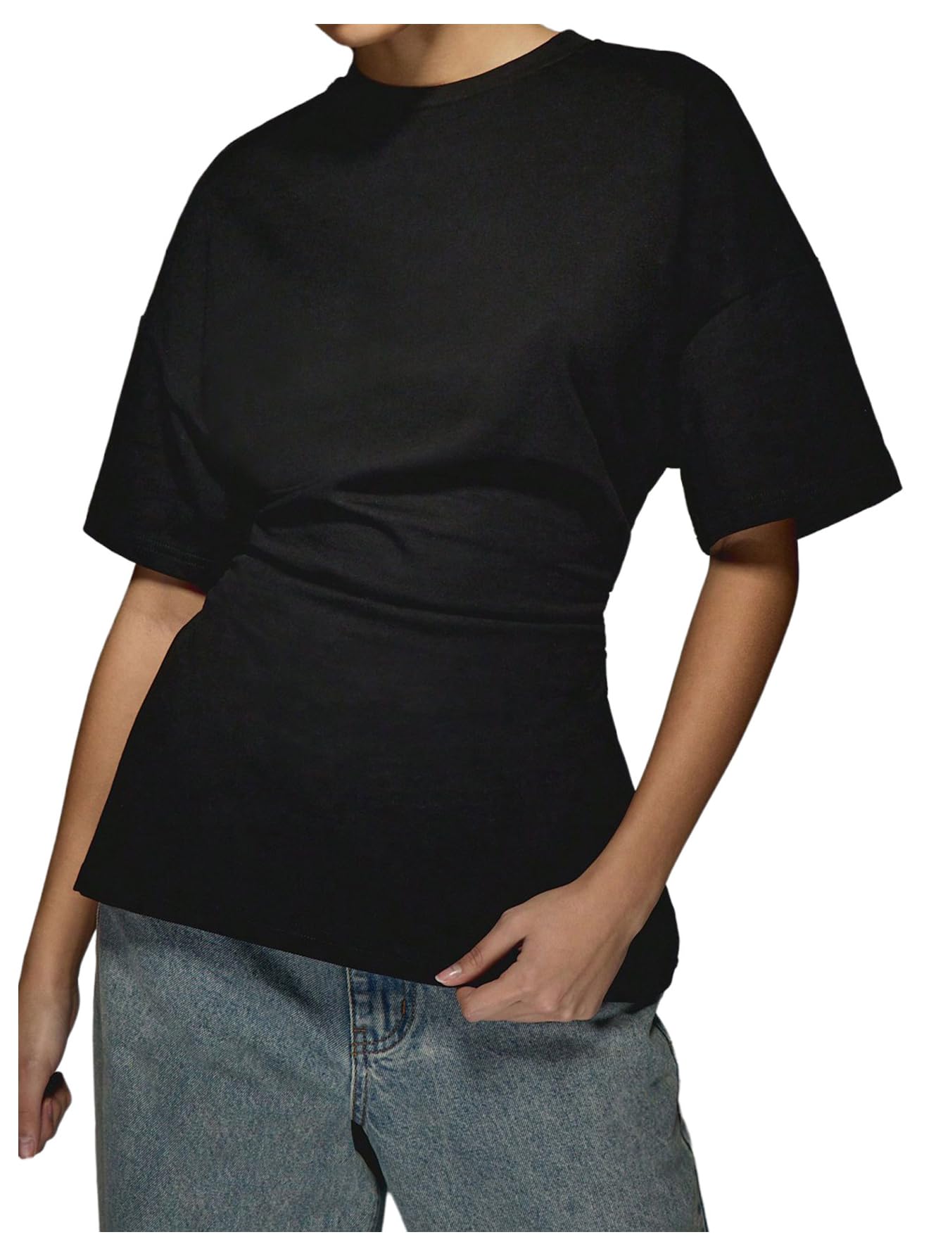 Ver Mandela Women's Cinched Waist Tops Drop Shoulder Short Sleeve Ruched T-Shirt for Comfort and Style in Warm Weather 