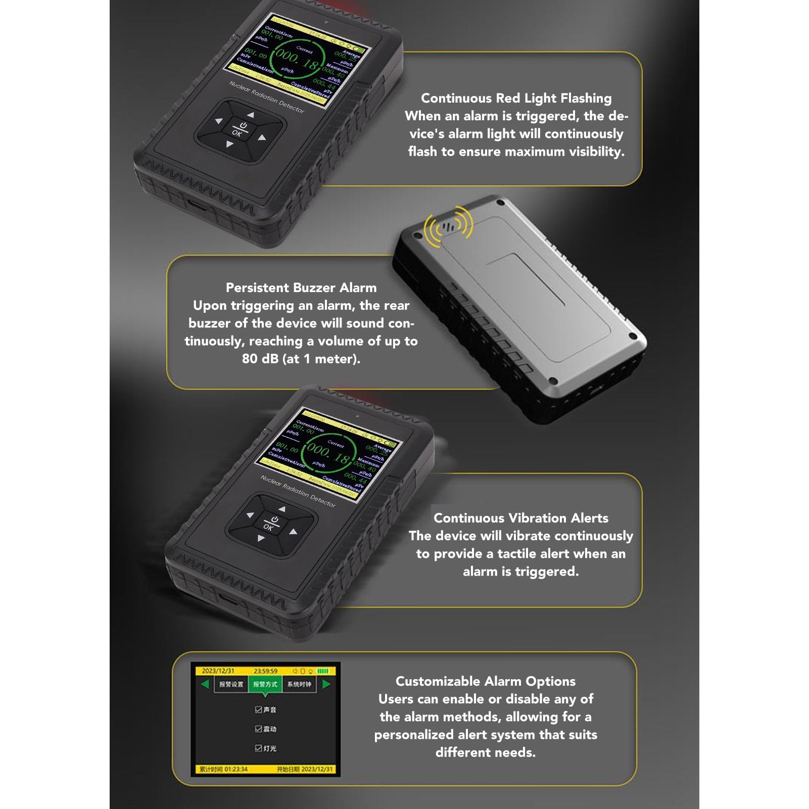 Luocute Nuklear Geiger Counter Detector, Handheld Beta Gamma Röntgenmessgerät mit Großem LCD -Bildschirm und Alarm für Rotes Licht
