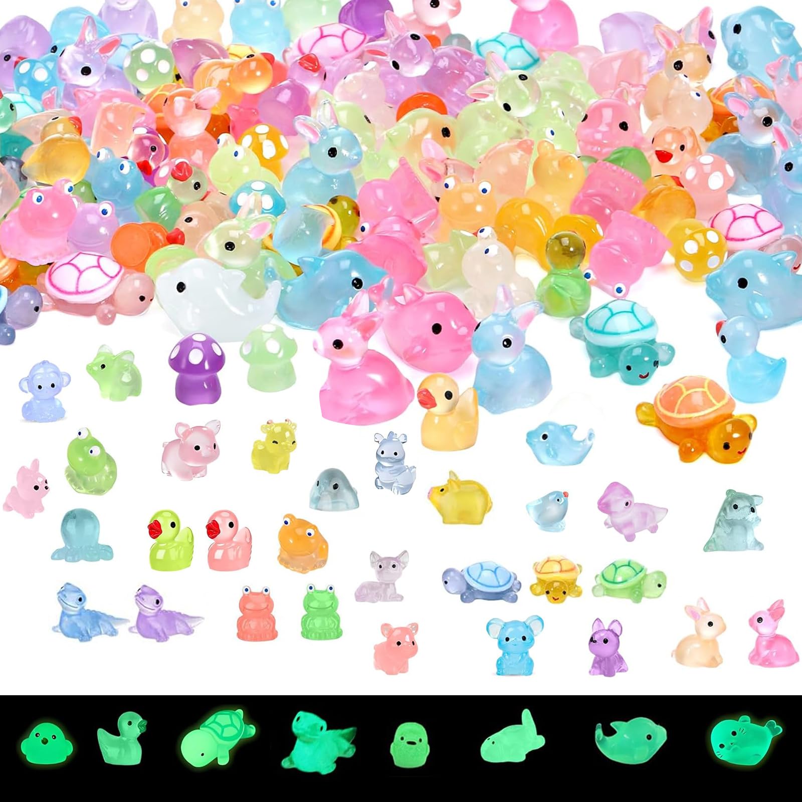 100 Pcs Mini Resin Animals, Tiny Animals Glow in the Dark for Miniature Fairy Garden Accessories Micro Landscape Aquarium Potted Dollhouse