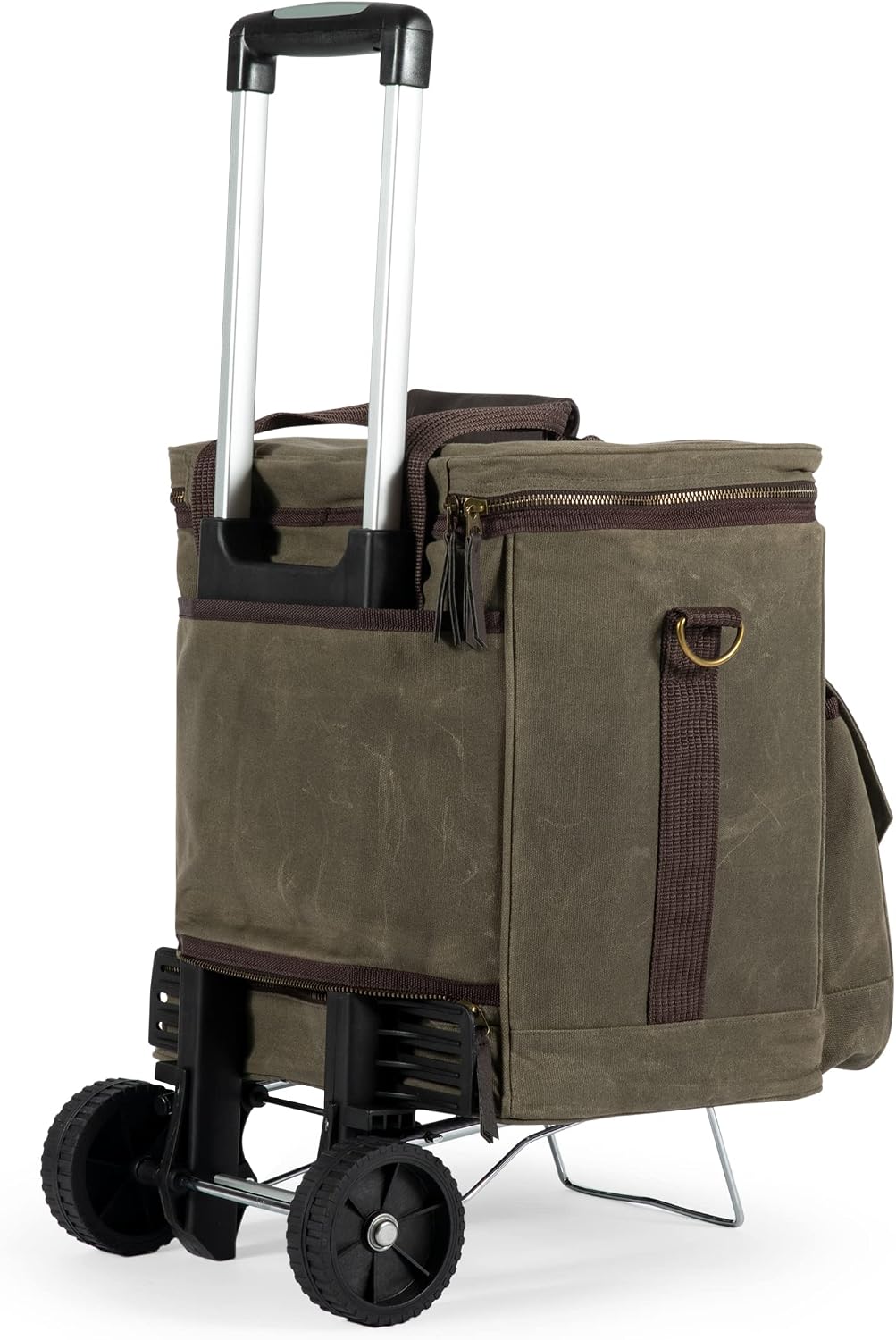PICNIC TIME Weekender 6 Bottle Insulated Wine Bag with Trolley, Padded Wine Cooler Bag for Travel, Portable Water-Resistant Bag with Removable Interior Bottle Divider (Khaki Green & Brown Accents)