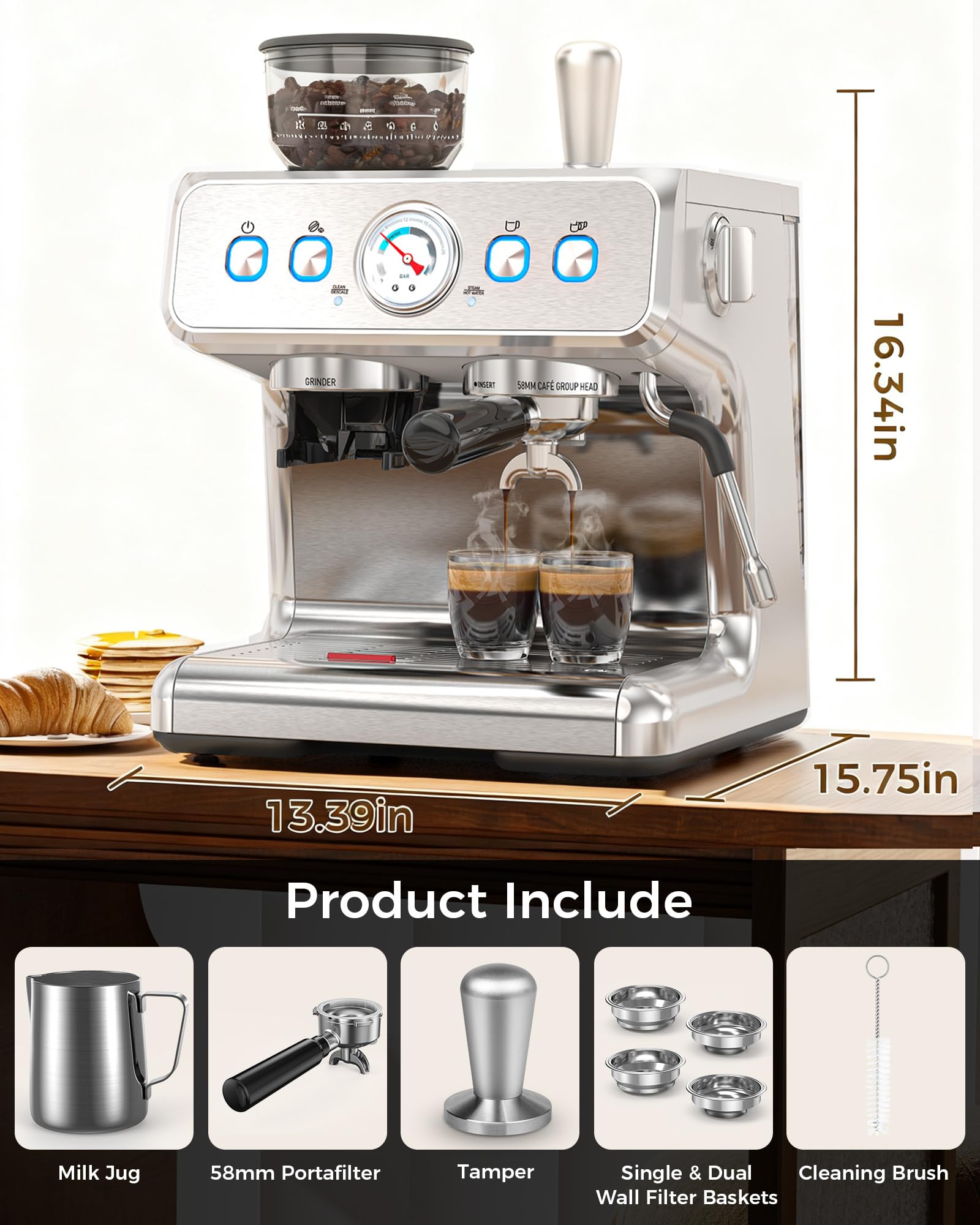 COWSAR - Macchina da caffè espresso a 20 barre con macina e montalatte da 58 mm, macchina da caffè in acciaio inox per cappuccino e latte, perfetta per l'uso