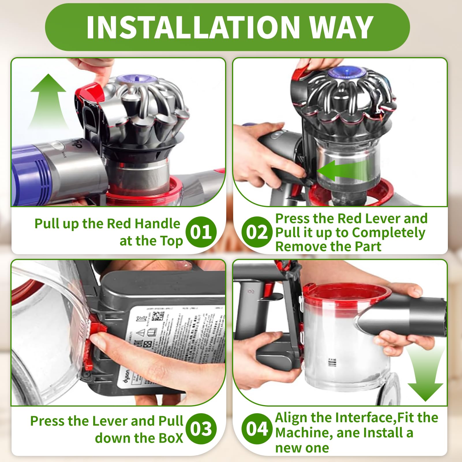 Contenitore Inferiore per Dyson V7 V8 SV10 SV11, Contenitore per la Polvere Trasparente e di Alta Qualità, Include 2 Pre Filtri, 2 Post Filtri e 1 Spazzola di Pulizia