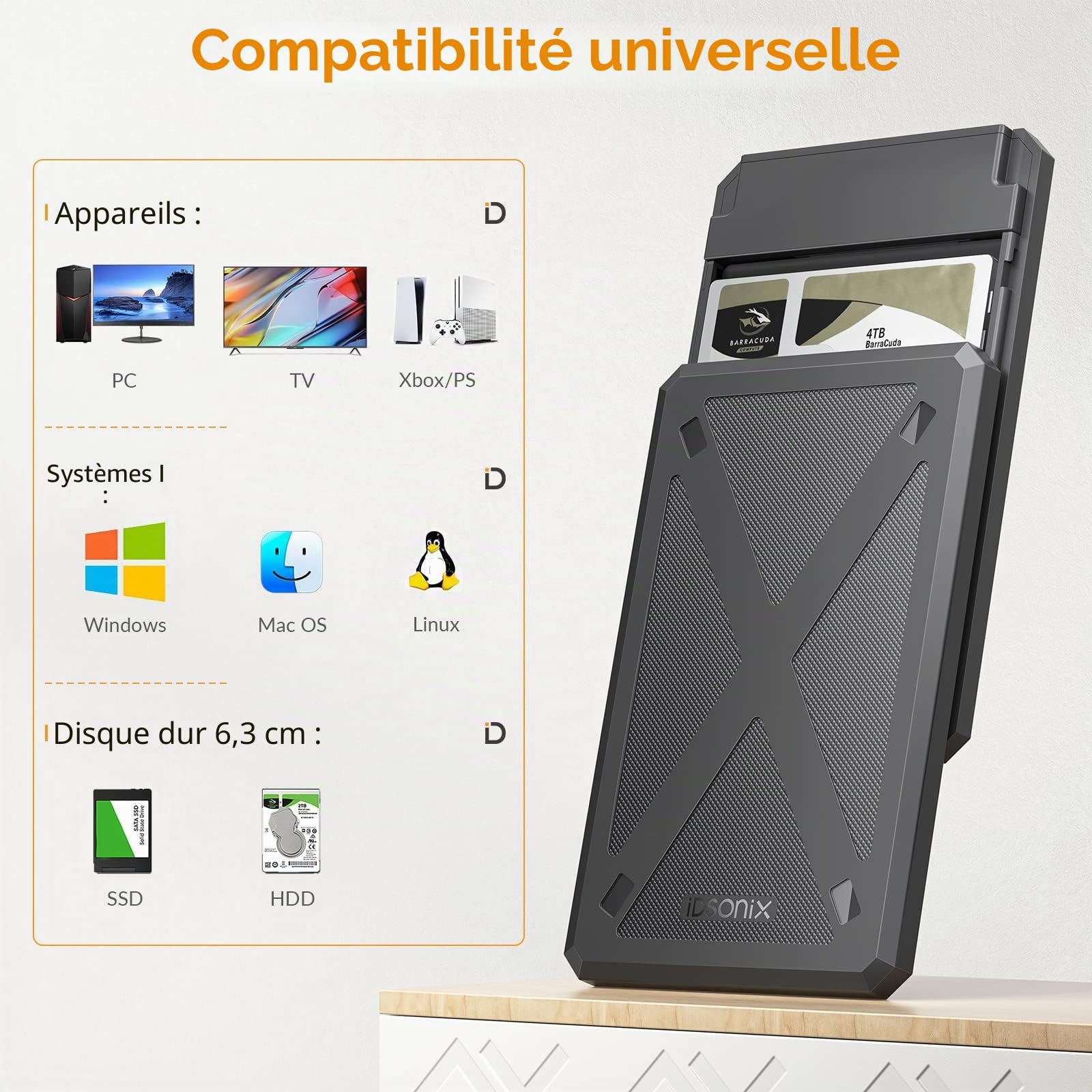 iDsonix Boîtier de Disque Dur 2,5 Pouces USB 3.0 vers SATA III Boîtier de Disque Dur Externe sans Outil pour Disque Dur SSD HDD 7 mm/9.5 mm 2,5" avec UASP Noir