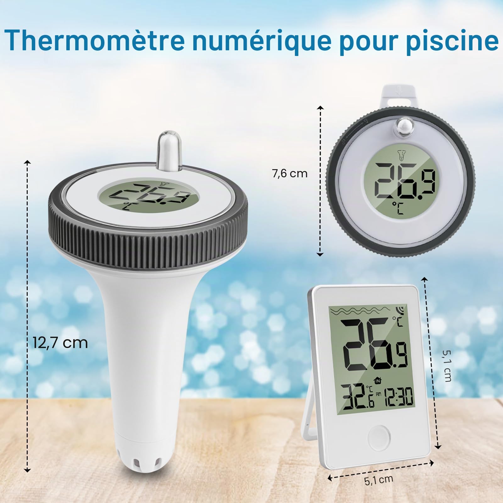 Thermomètre de Piscine Sans Fil, Thermomètre Numérique Flottant Sans Fil pour Piscines, Thermomètre de Piscine étanche IP67, Thermomètre d'eau Intérieur Extérieur pour Aquariums, Baignoires, étangs
