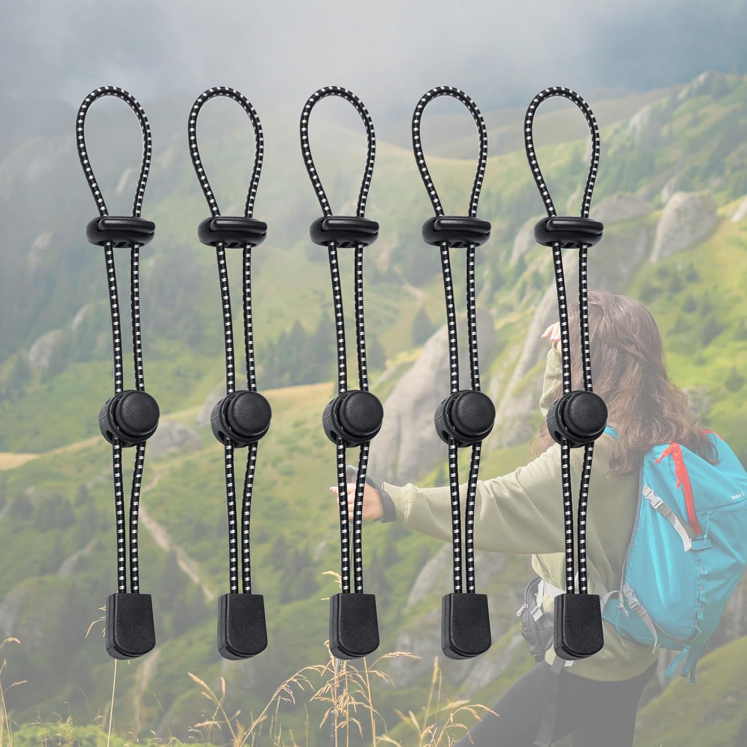 Backpack Hiking Stick Holder Straps, Elastic Lanyard Cord Rope for Walking Pole Fixing Buckle Adjustable Trekking Poles for Camping Hiking Mountaineering Tactical Bag Accessories 5Pcs