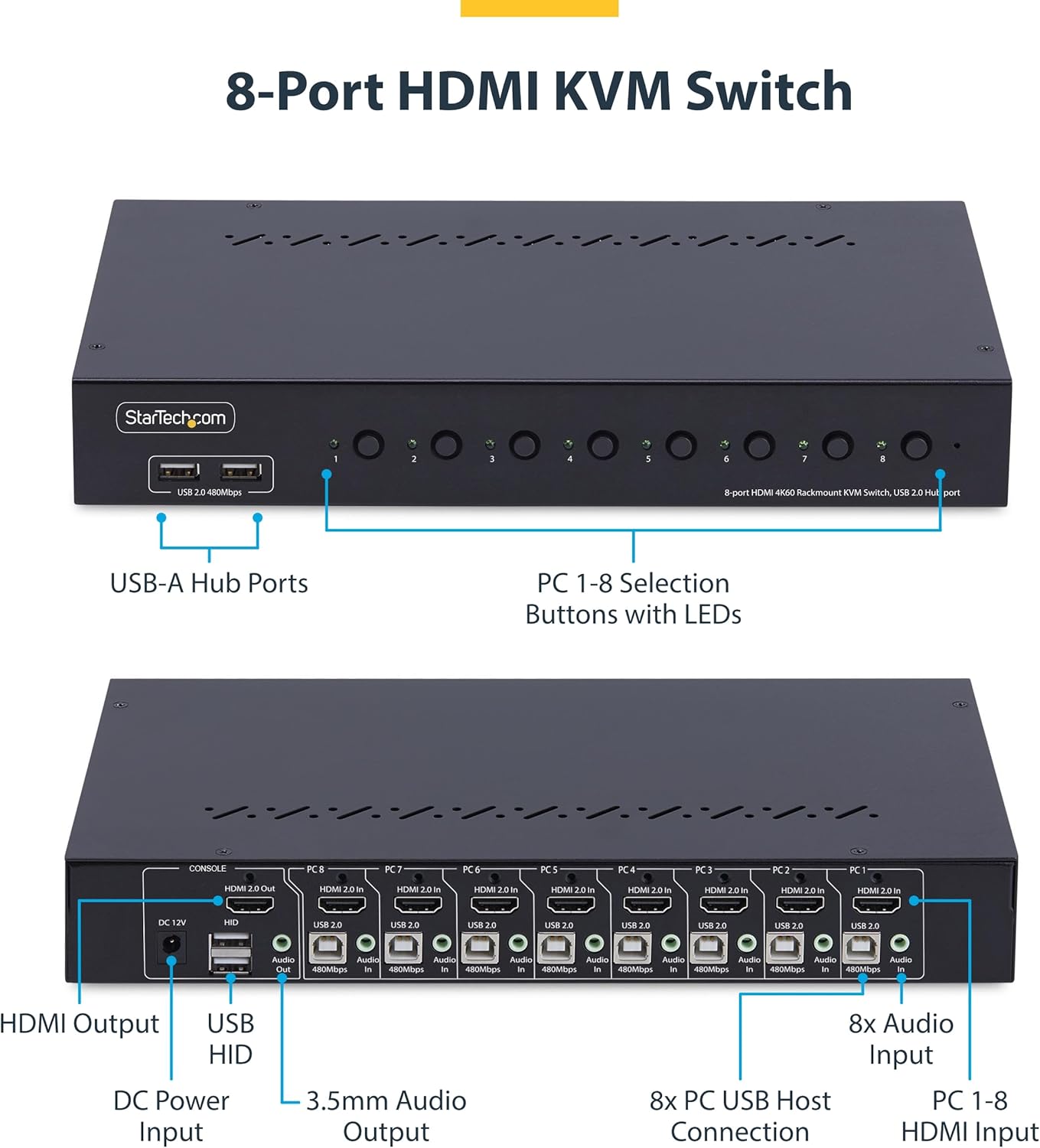 StarTech.com 8-Port HDMI KVM Switch w/1U Rack Mount Kit, 4K 60Hz HDMI 2.0, Push-Button/Hotkey Switching, TAA Compliant