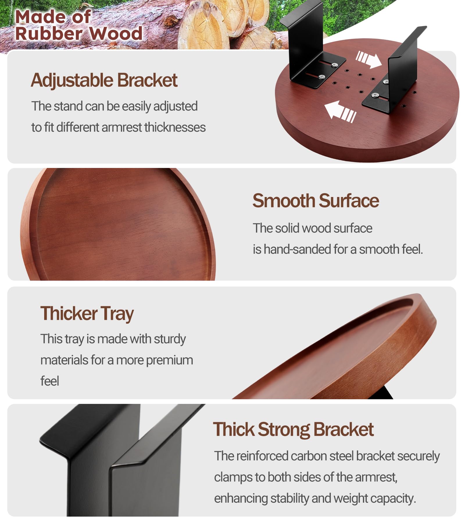 Juego de 2 mesas de madera natural para sofá, bandeja ajustable con clip para el brazo con soporte para teléfono, bandeja para brazo de sofá, mesa de brazo para sofás, bandeja redonda para