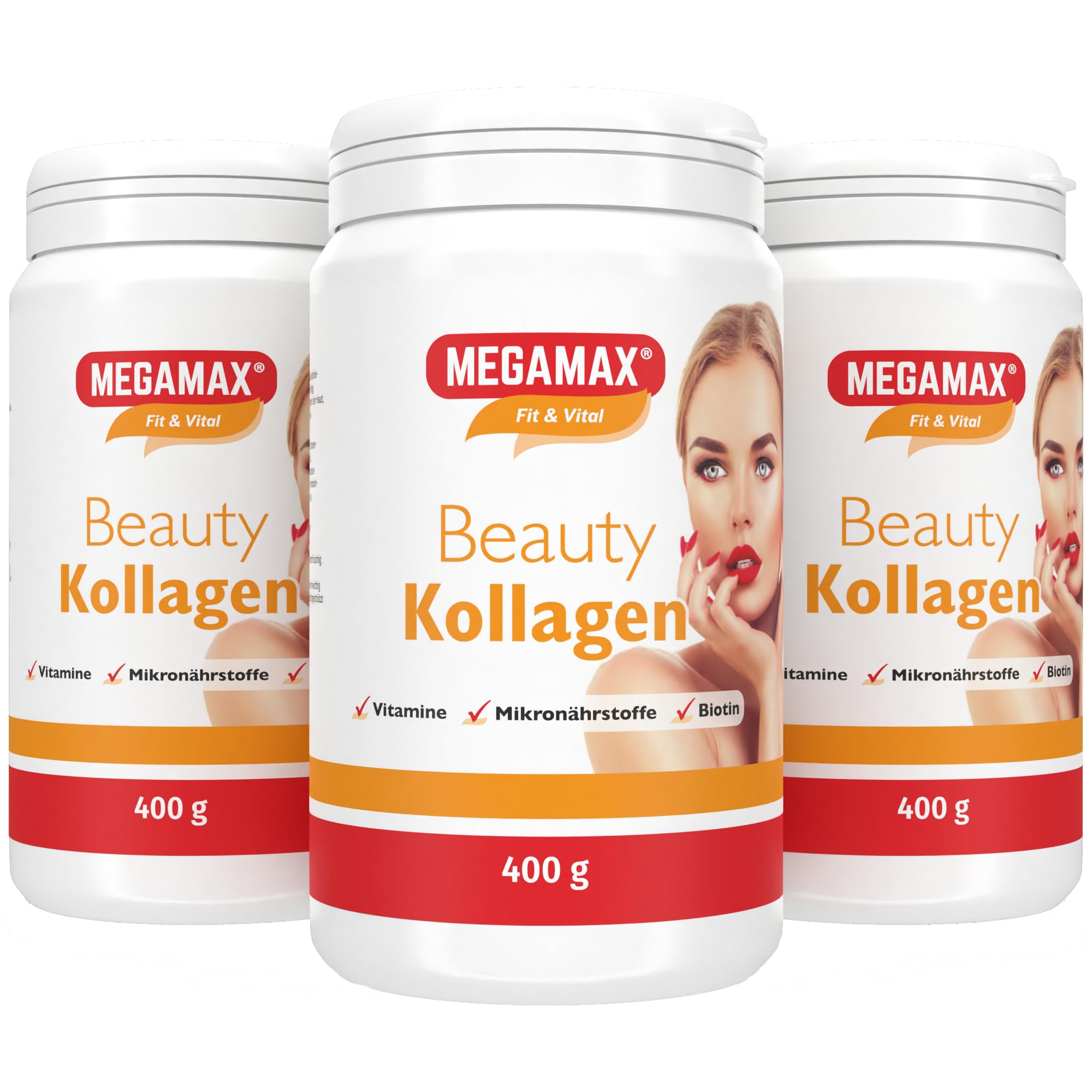 Megamax Nutrition - 3 X 400 g - Beauty Kollagen Pulver - mit Collagen-Hydrolysat Biotin Vitamin C. Orangen-Geschmack. Ideal als tägliche Ergänzung für Haut, Haare und Nägel*.