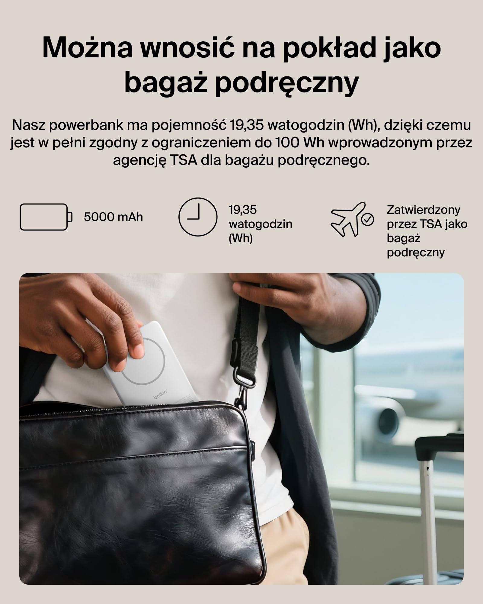 Belkin BoostCharge Cienki Magnetyczny Powerbank 5000 mAh, Podpórka – Biały | Powerbank Bezprzewodowy 5000 mAh Qi2, Pierścień Magnetyczny, Port USB-C, Naładowany, Kabel w Zestawie, do Podróży Samolotem