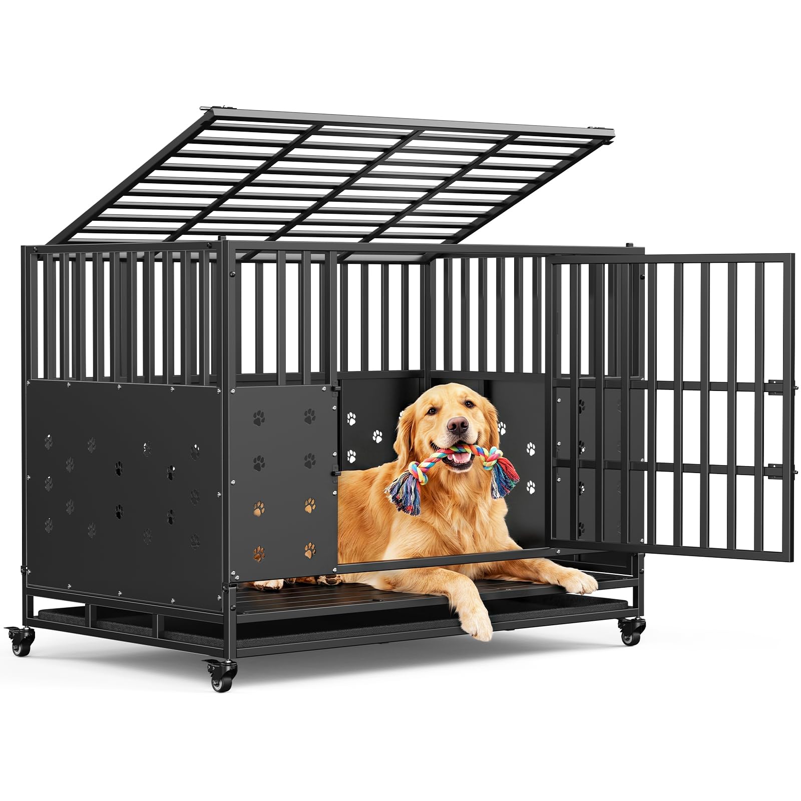 121 x 78 x 93 cm Hundekäfig hochbelastbar für große Hunde, Bissfeste Paneele, Einstellbare Innenhöhe, Hundekäfig mit 4 Arretierbare Rollen, Verbreiterter Komfortboden, Extra Breite Tür, Haustierkäfig
