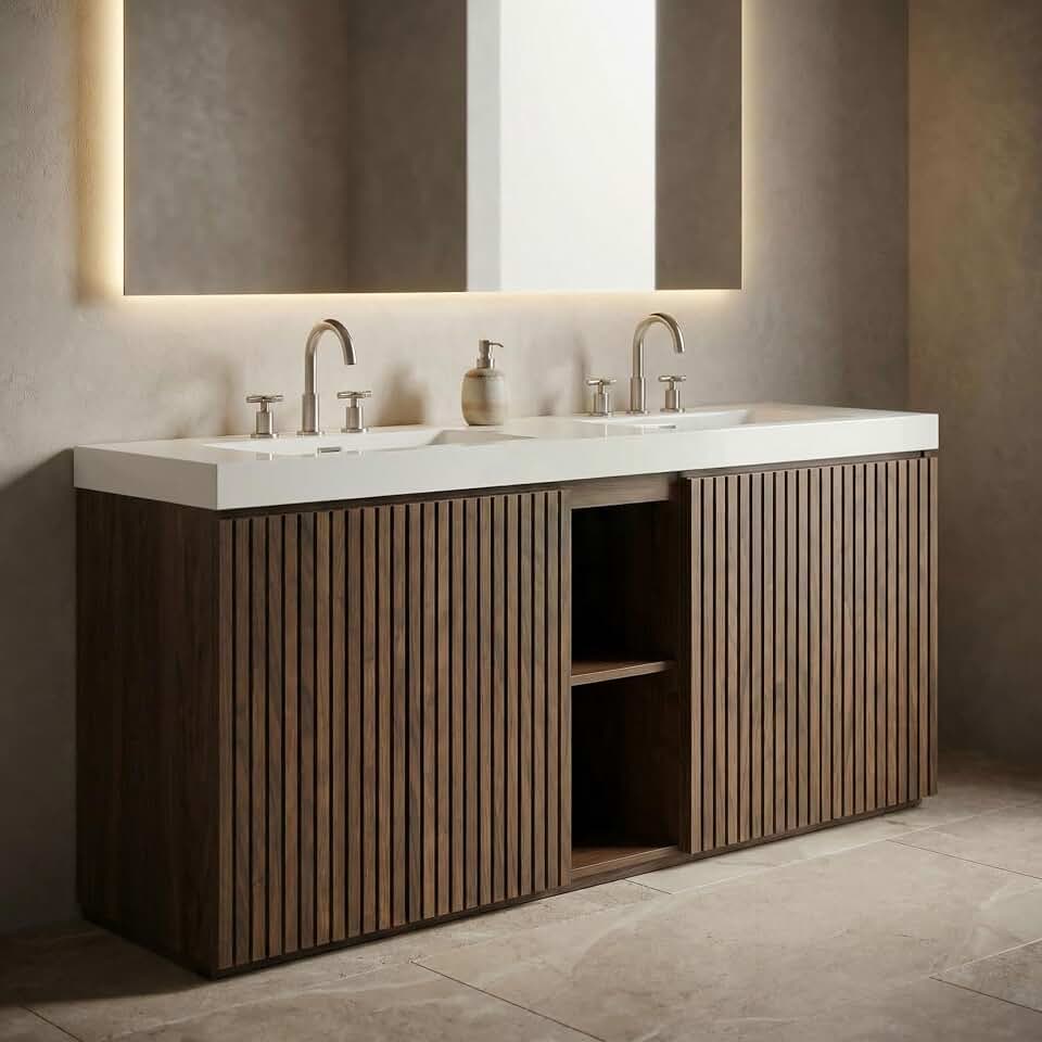 72" Bathroom Vanity with Sink Combo, Mid Century Modern Bathroom Cabinet with 4 Doors & Open Shelf, Glossy White Integrated Sink with Overflow, Brown Walnut