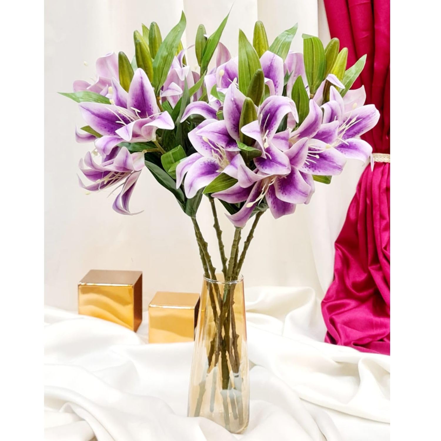 SATYAM KRAFT 3 Head Lily Artificial Flowers Sticks for for Gifting, Home Decor, Bedroom, Balcony, Living Room, Restaurant, Christmas,Wedding Decoration(Without Vase Pot) (Purple, Pack of 1) (B09STJL37D) Amazon Price History, Amazon Price Tracker