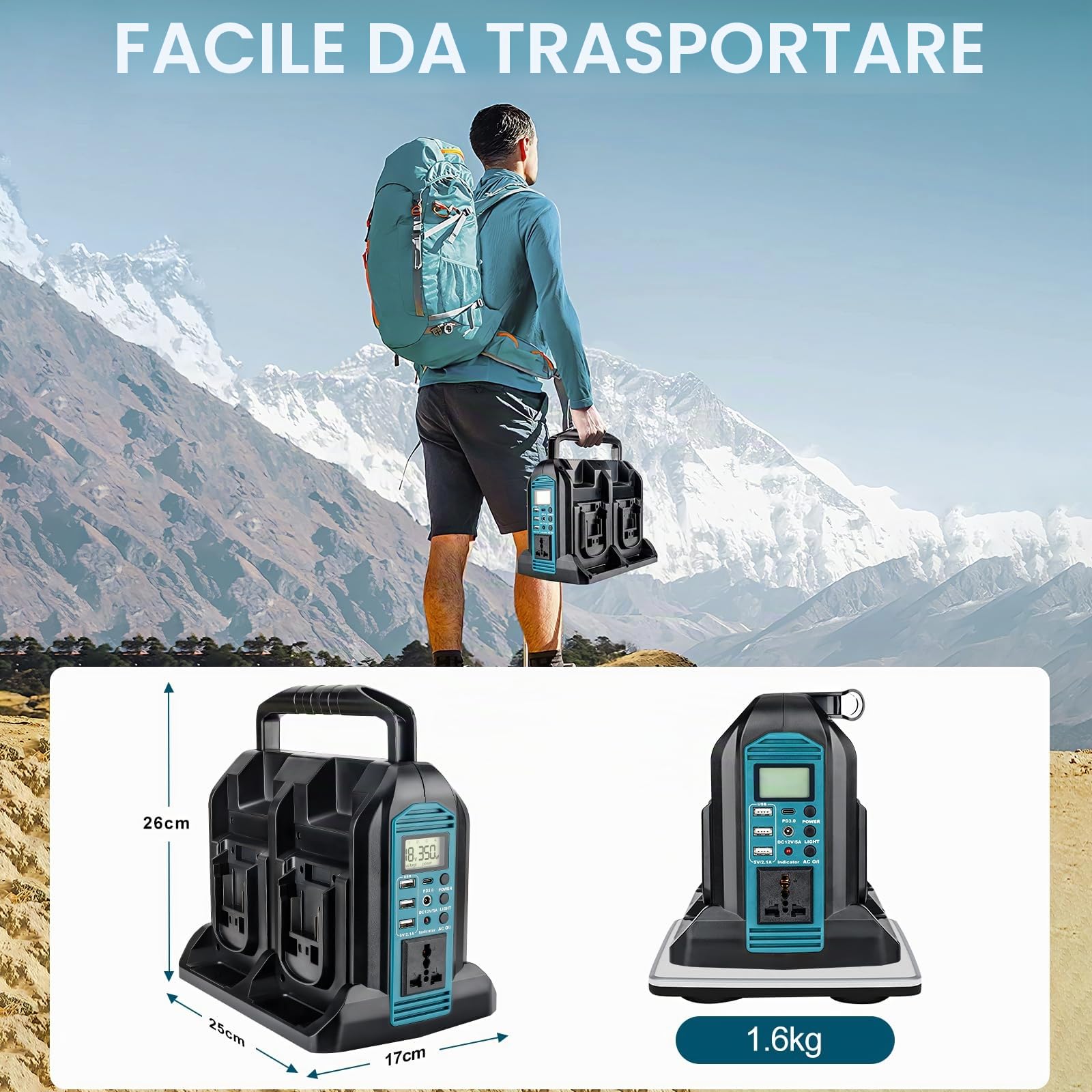 Inverter da 350 W per batteria Makita da 18 V, DC 18 V a AC 230 V, convertitore di tensione sinusoidale puro, 4 porte con connettore USB-A e USB-C, luce LED da 300 lm, per campeggio di emergenza