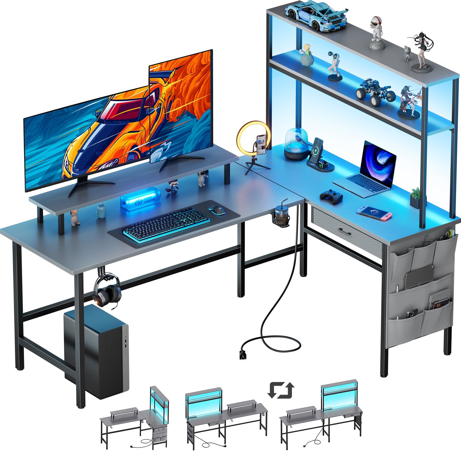 DLONGONE 150 x 100 cm L Shaped Gaming Desk with LED Lights & Power Outlets — image 1