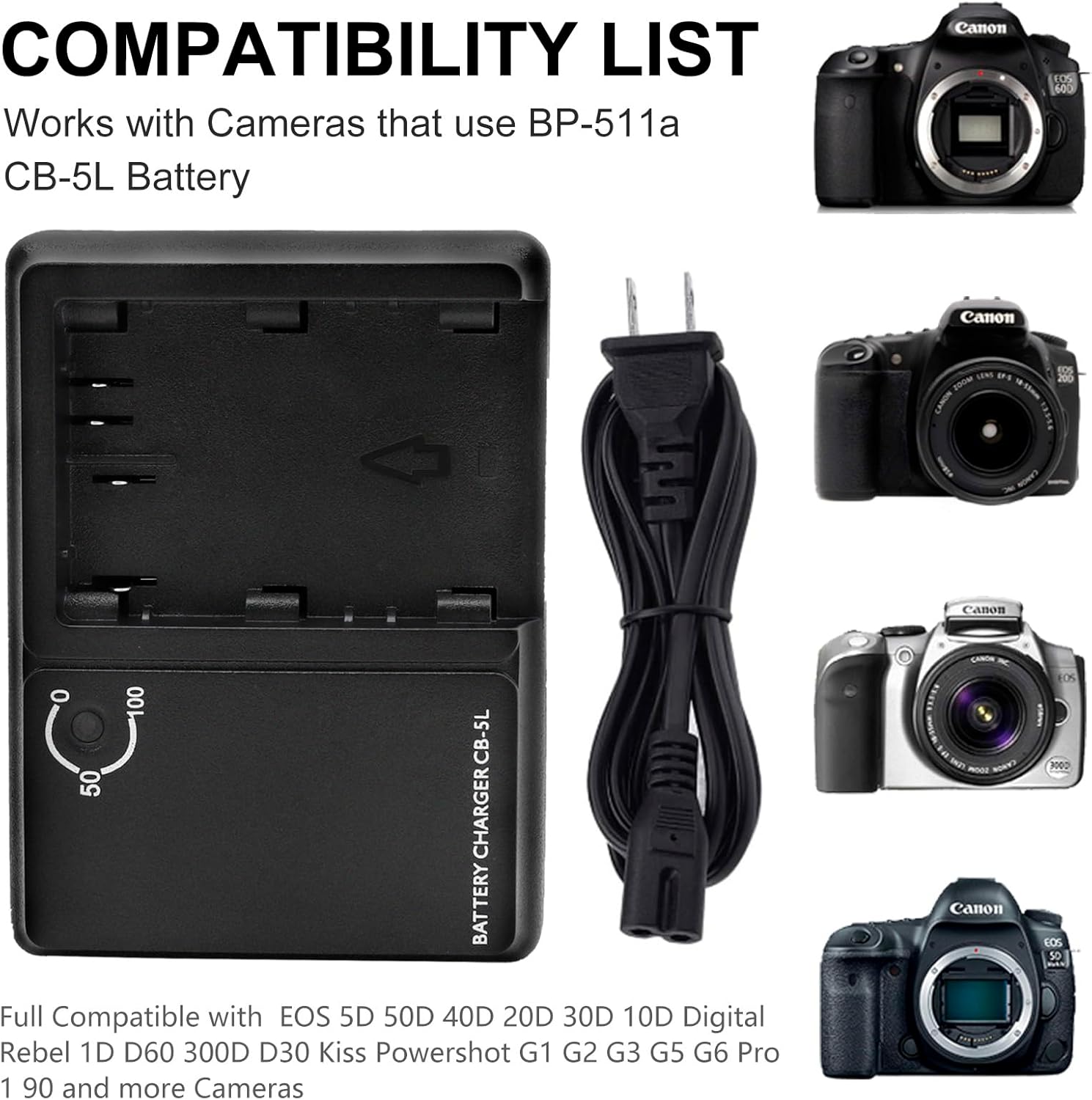 BP-511 BP-511a CB-5L Battery Charger for Canon BP-512 BP-514 BP-522 BP-535 Battery Compatible with Canon EOS 5D 50D 40D 30D 20Da 20D 10D 300D D30 D60 PowerShot G6 G5 G3 G2 G1 Pro 1 Pro 90 Camera