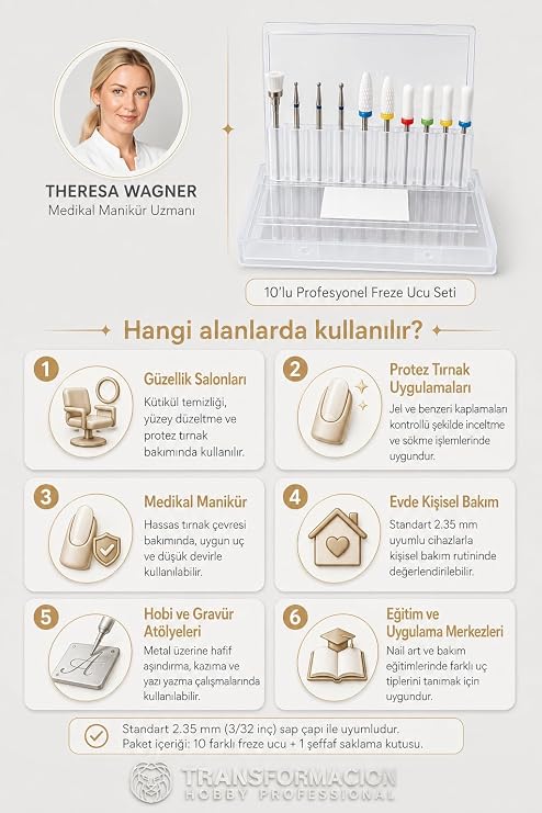 10'lu Profesyonel Freze Ucu Seti - Seramik ve Elmas Protez Tırnak Sökme Kütikül Törpü Uçları - Metal Aşındırma ve Gravür Yazı Kalemi Uç Seti 723315
