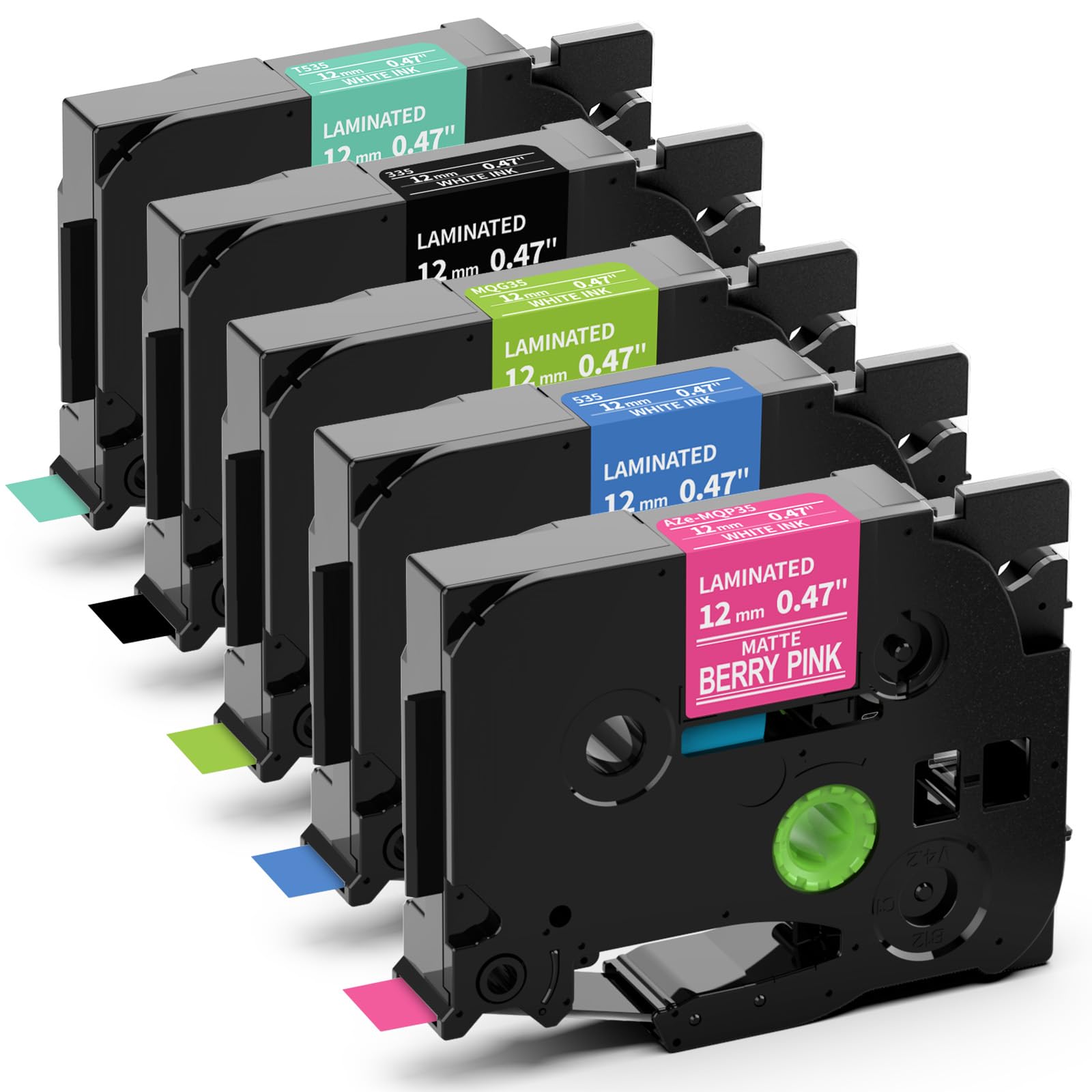 Label KINGDOM Compatible with Brother Label Maker P Touch TZe TZ Tape 12mm 0.47 Inch Laminated (White on Black,Blue,Turquoise Blue,Berry Pink,Lime Green) for Brother PTD210 PTH110 PTD400