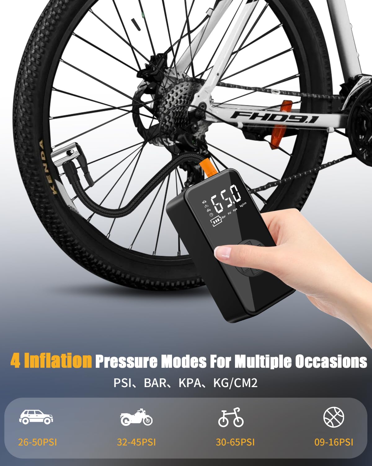 Compresseur à Air Portatif, Gonfleur Pneus Voiture 2 * 1800mAh, 150PSI Pompe à Air Électrique, Type-C USB Charge, 4 Modes, Mini Gonfleur Electrique Rechargeable pour Vélo Moto Scoote Balle, Noir